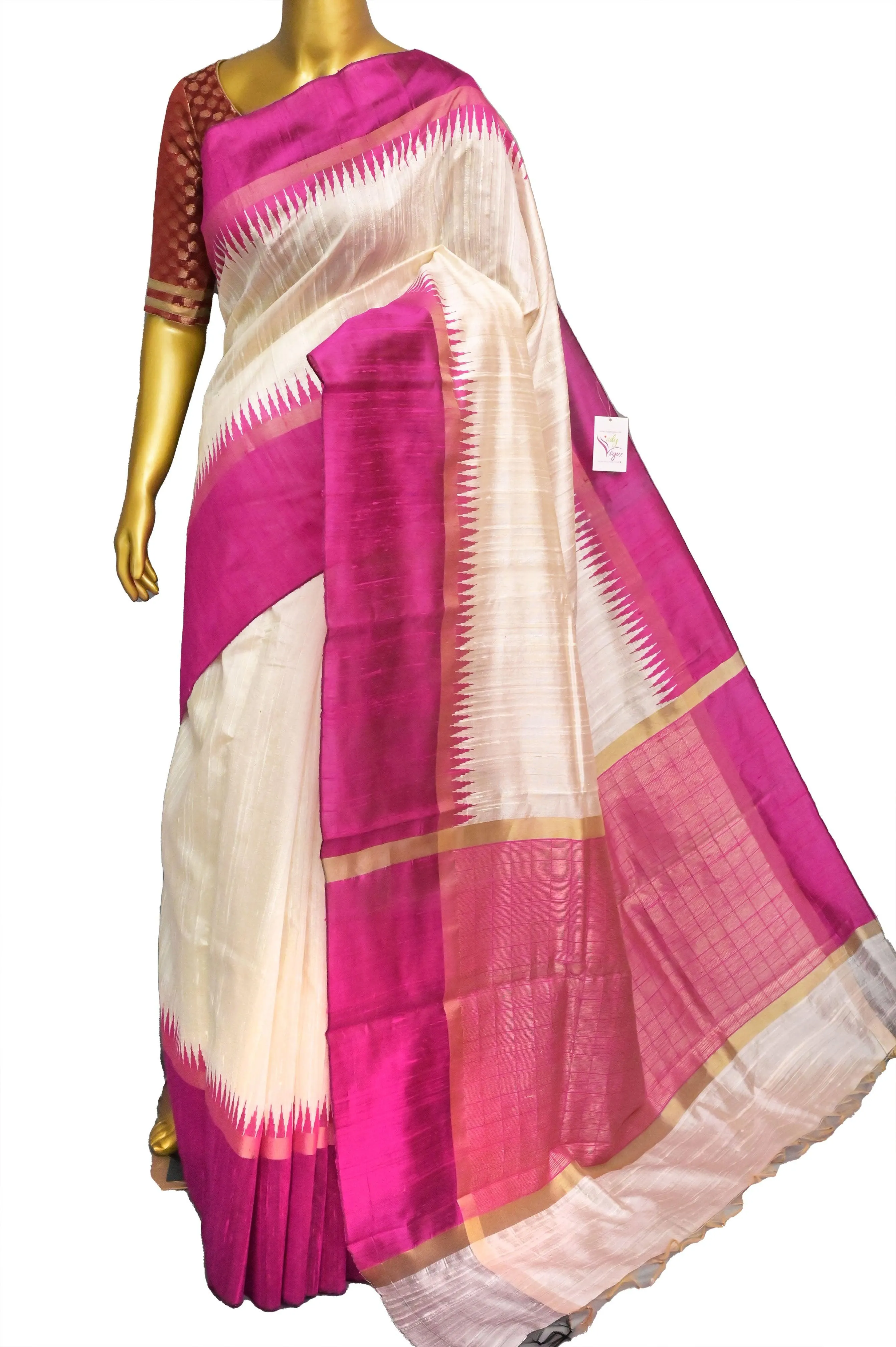 Offwhite and Magenta Pink Color Pure Raw Silk Saree