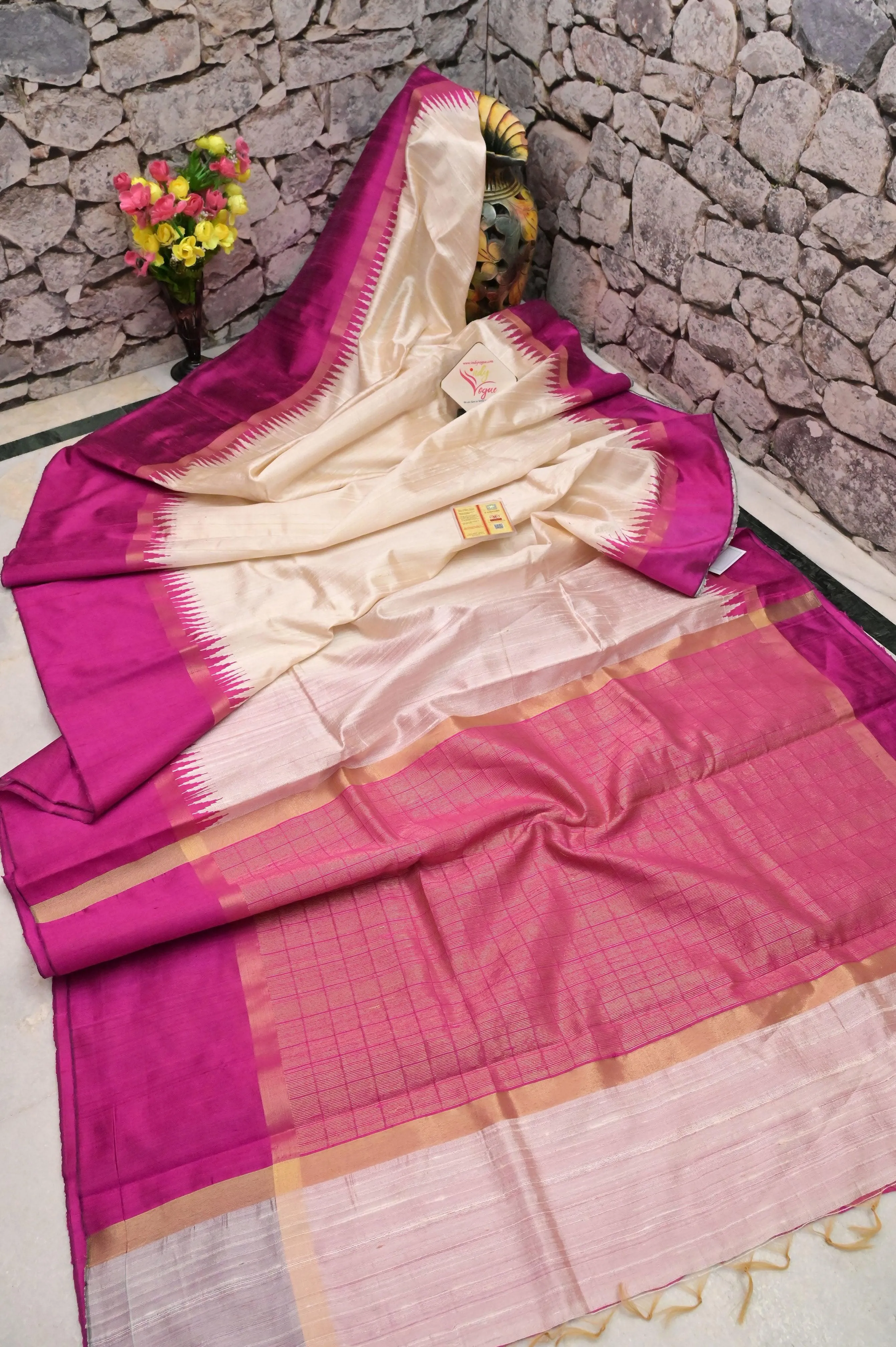 Offwhite and Magenta Pink Color Pure Raw Silk Saree