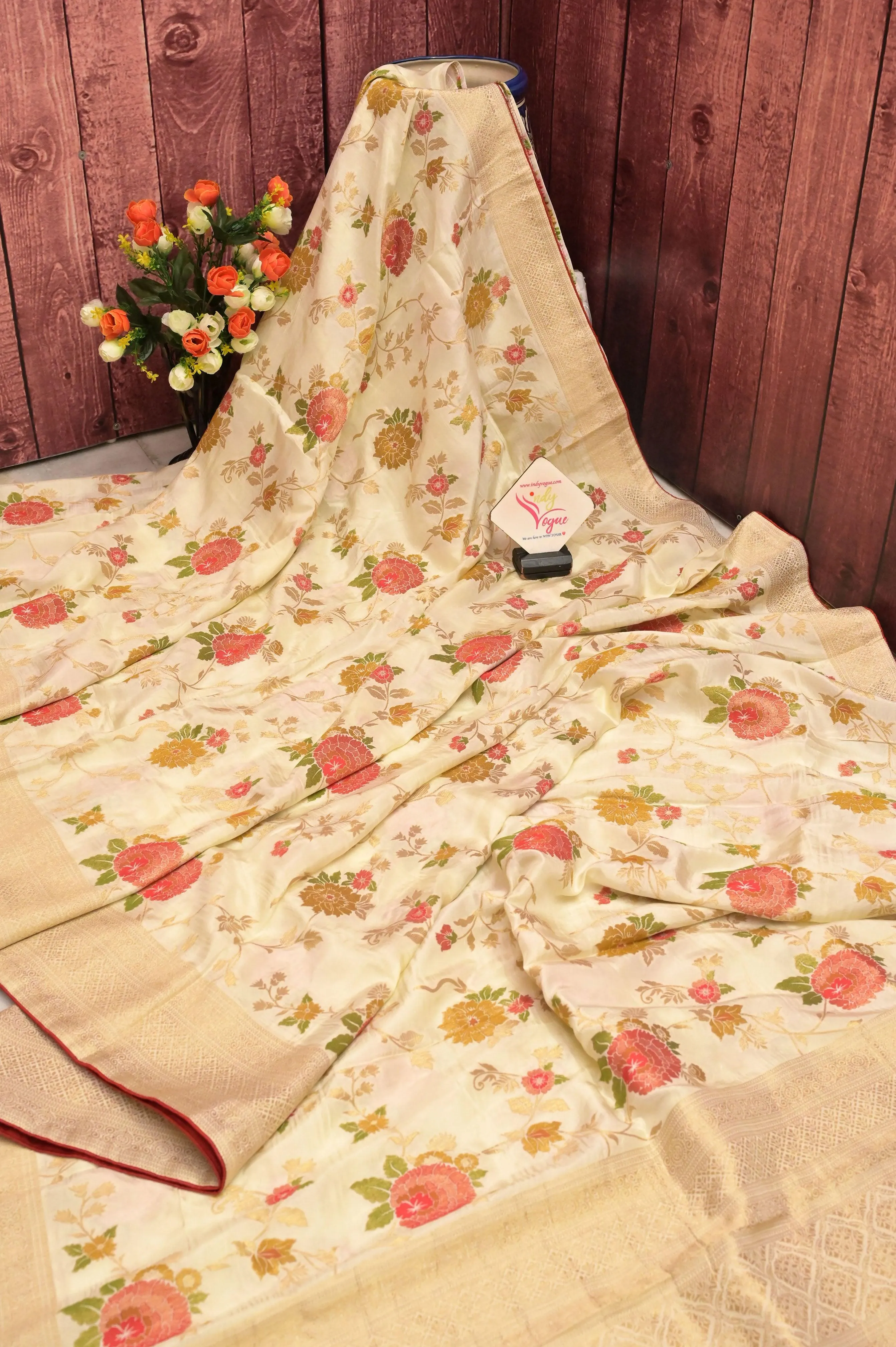 Offwhite Color Muga Banarasi with Allover Jaal Zari Work and Piping Border