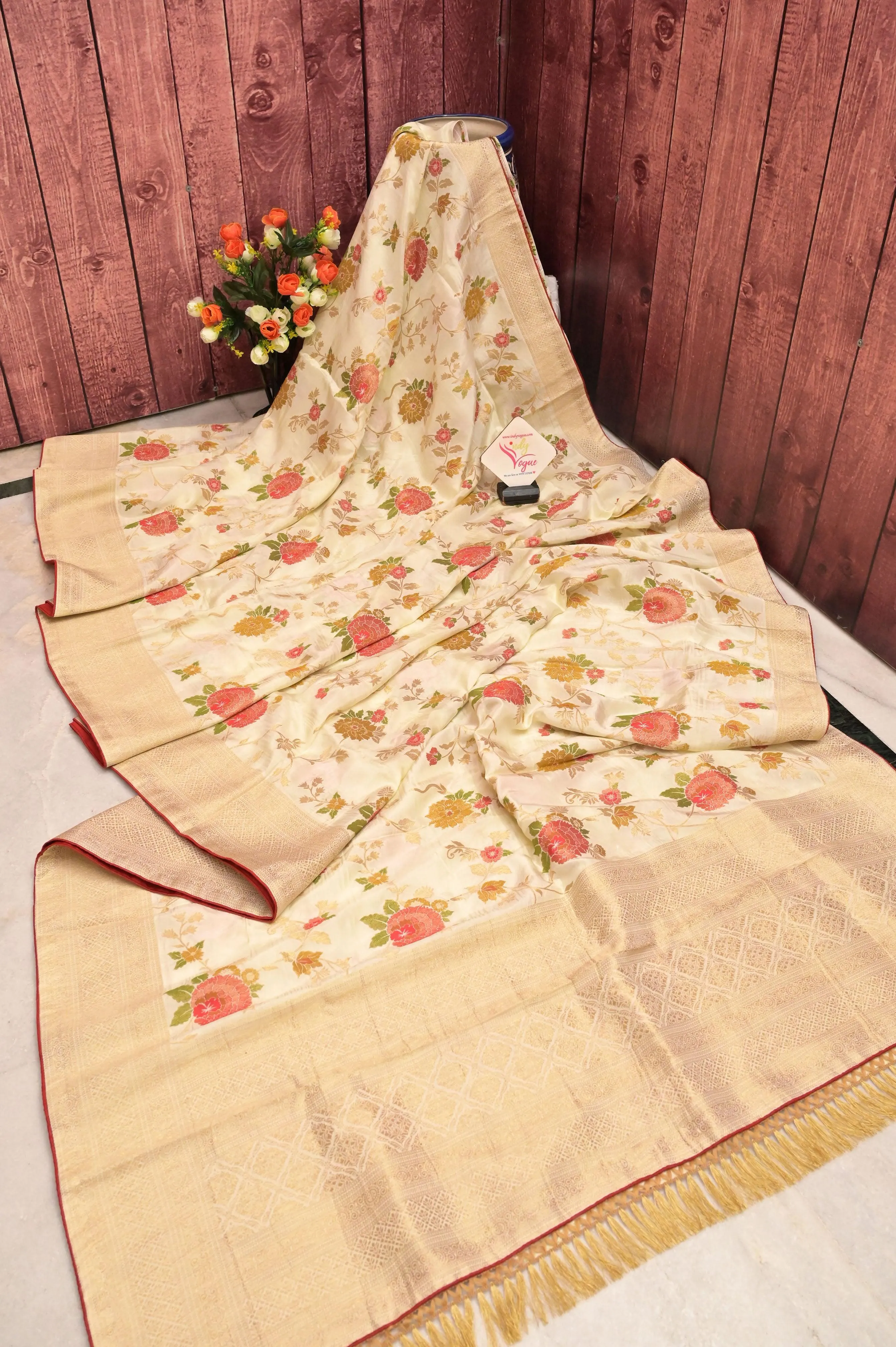 Offwhite Color Muga Banarasi with Allover Jaal Zari Work and Piping Border