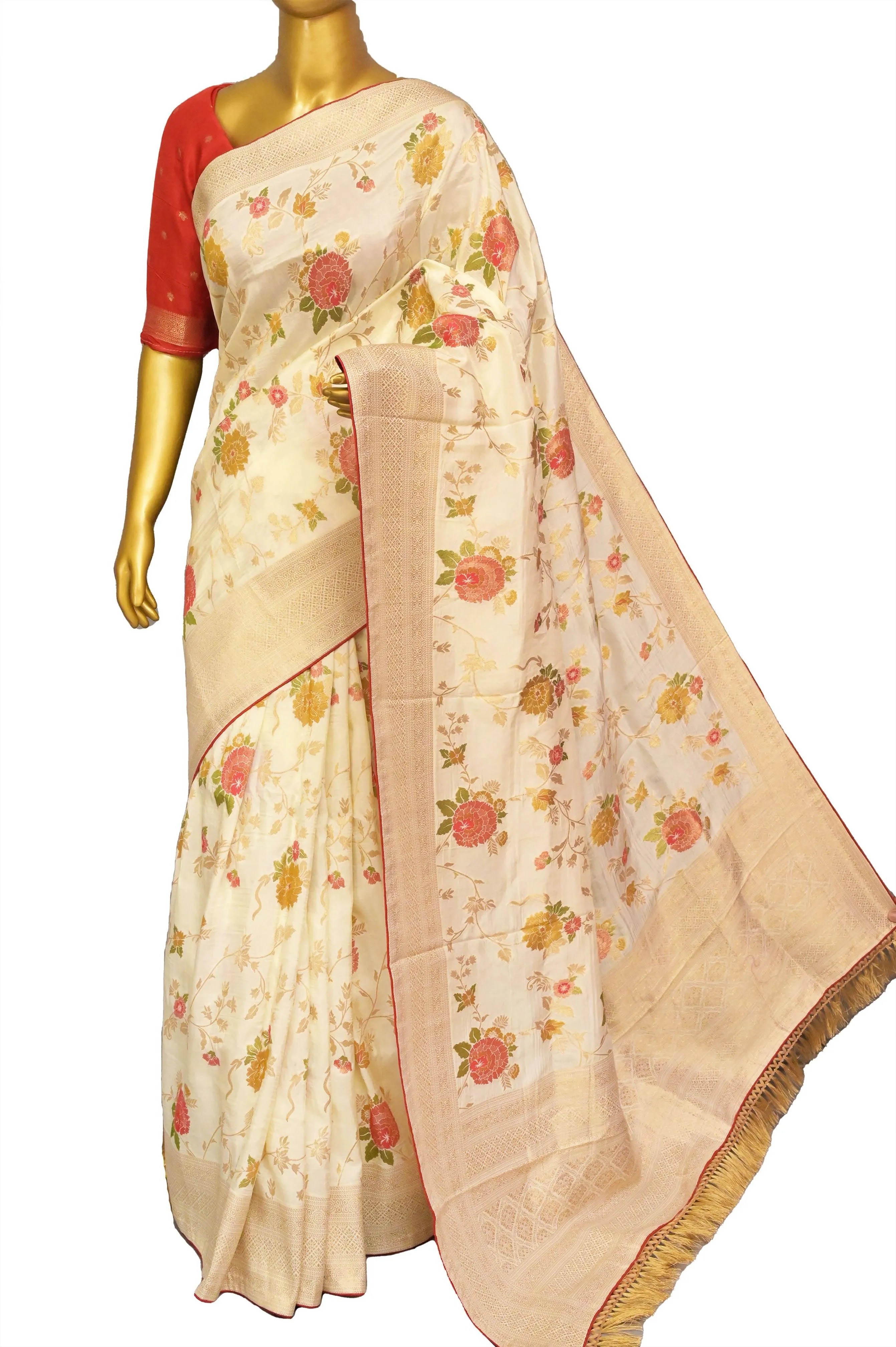 Offwhite Color Muga Banarasi with Allover Jaal Zari Work and Piping Border