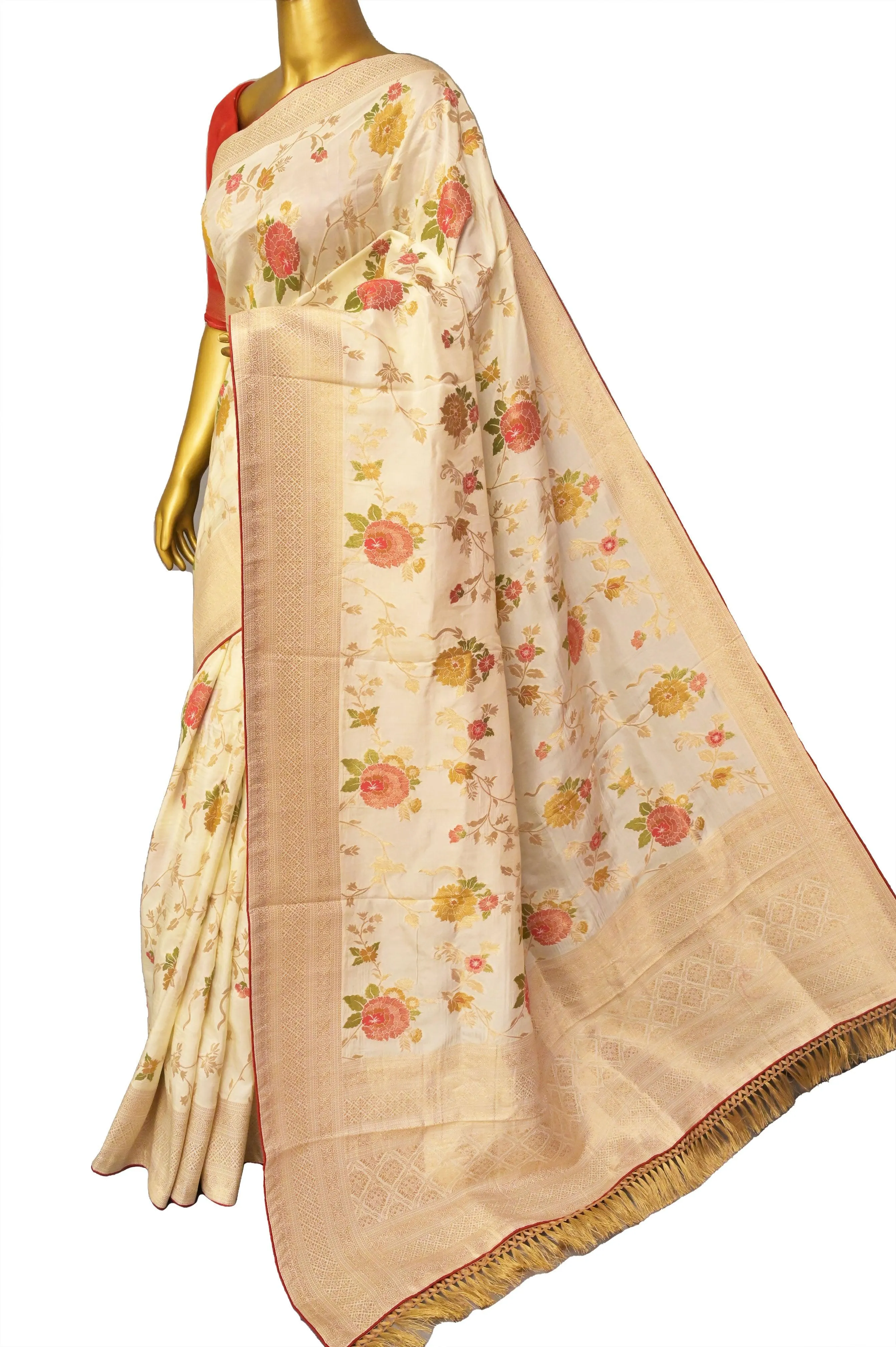 Offwhite Color Muga Banarasi with Allover Jaal Zari Work and Piping Border