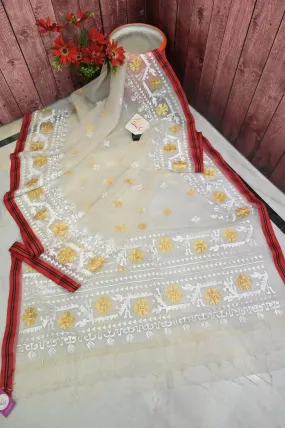 Offwhite Color Muslin Jamdani Saree with Machine Embroidered Work