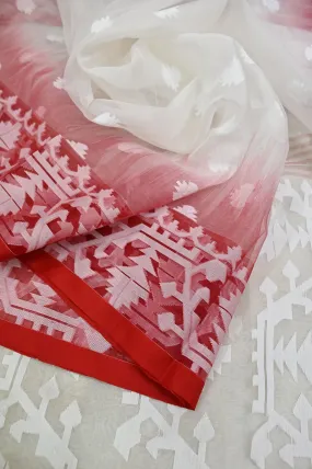 Paper White and Red Color Muslin Jamdani Saree with Ikat Style Jamdani Weaving