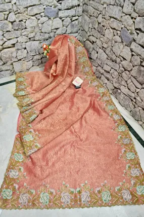 Peach and Golden Color Crushed Tissue Silk Saree with Embroidery Work