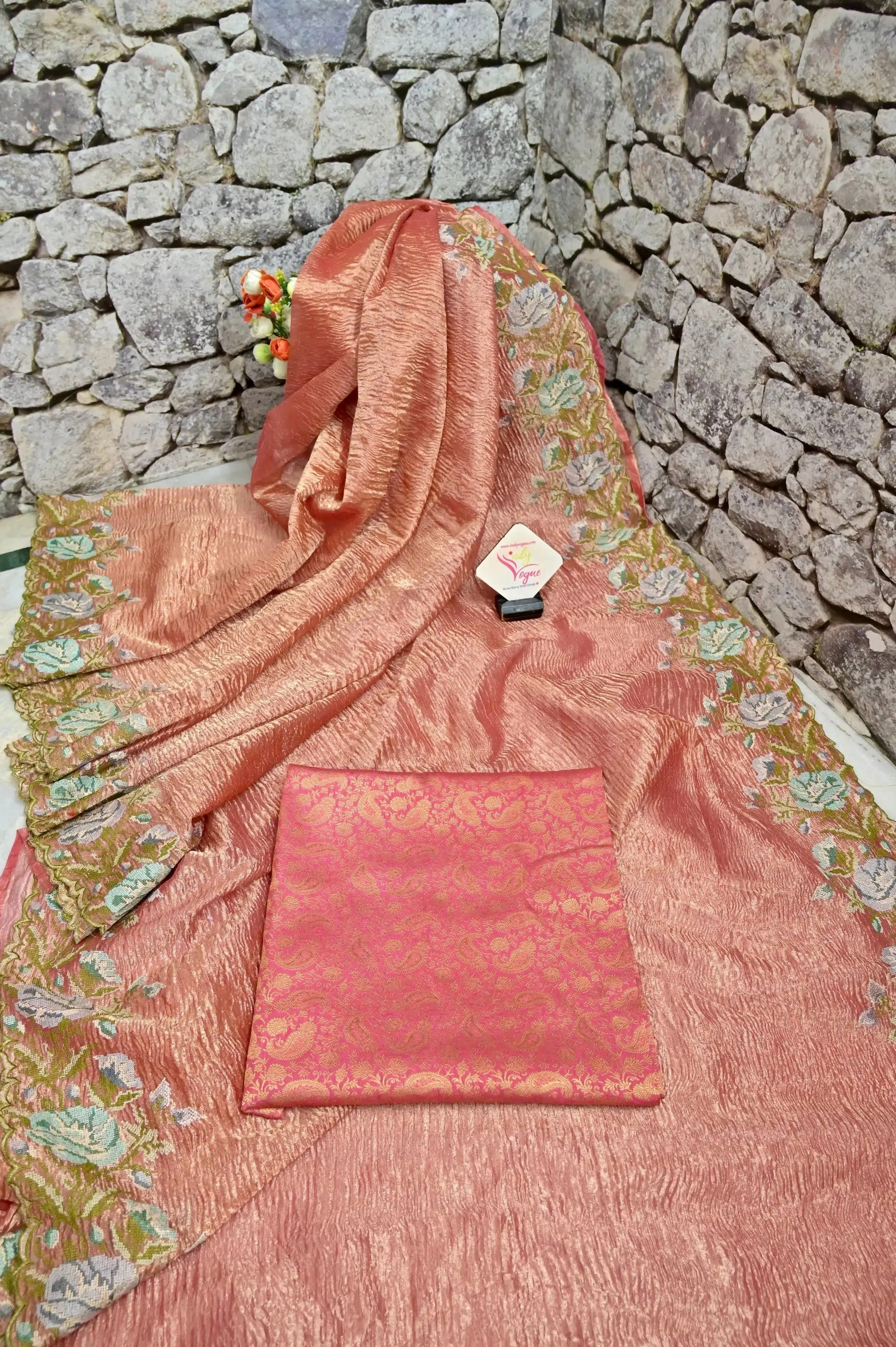 Peach and Golden Color Crushed Tissue Silk Saree with Embroidery Work