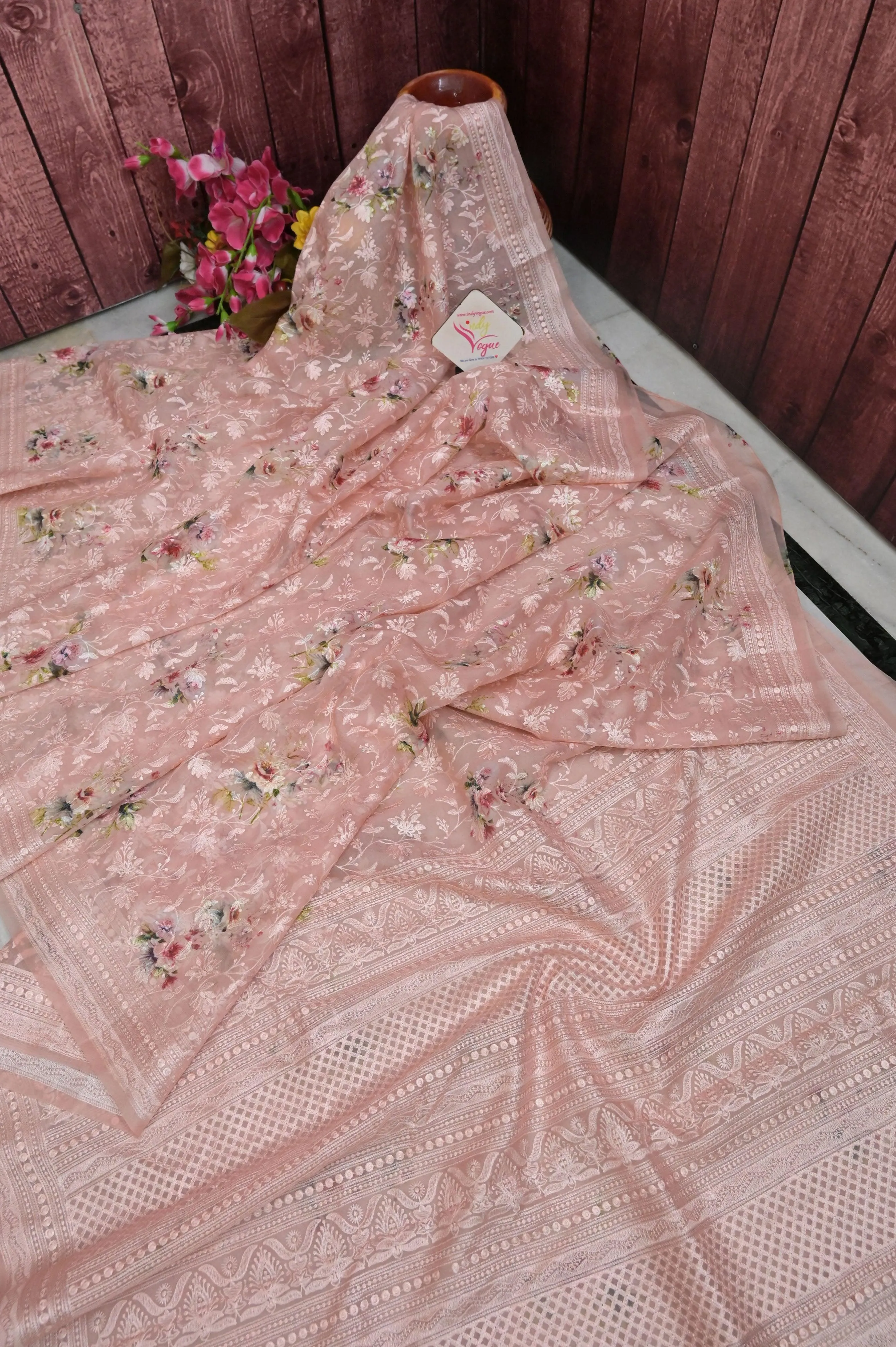 Peach Color Designer Organza Saree with Chikankari and Digital Print