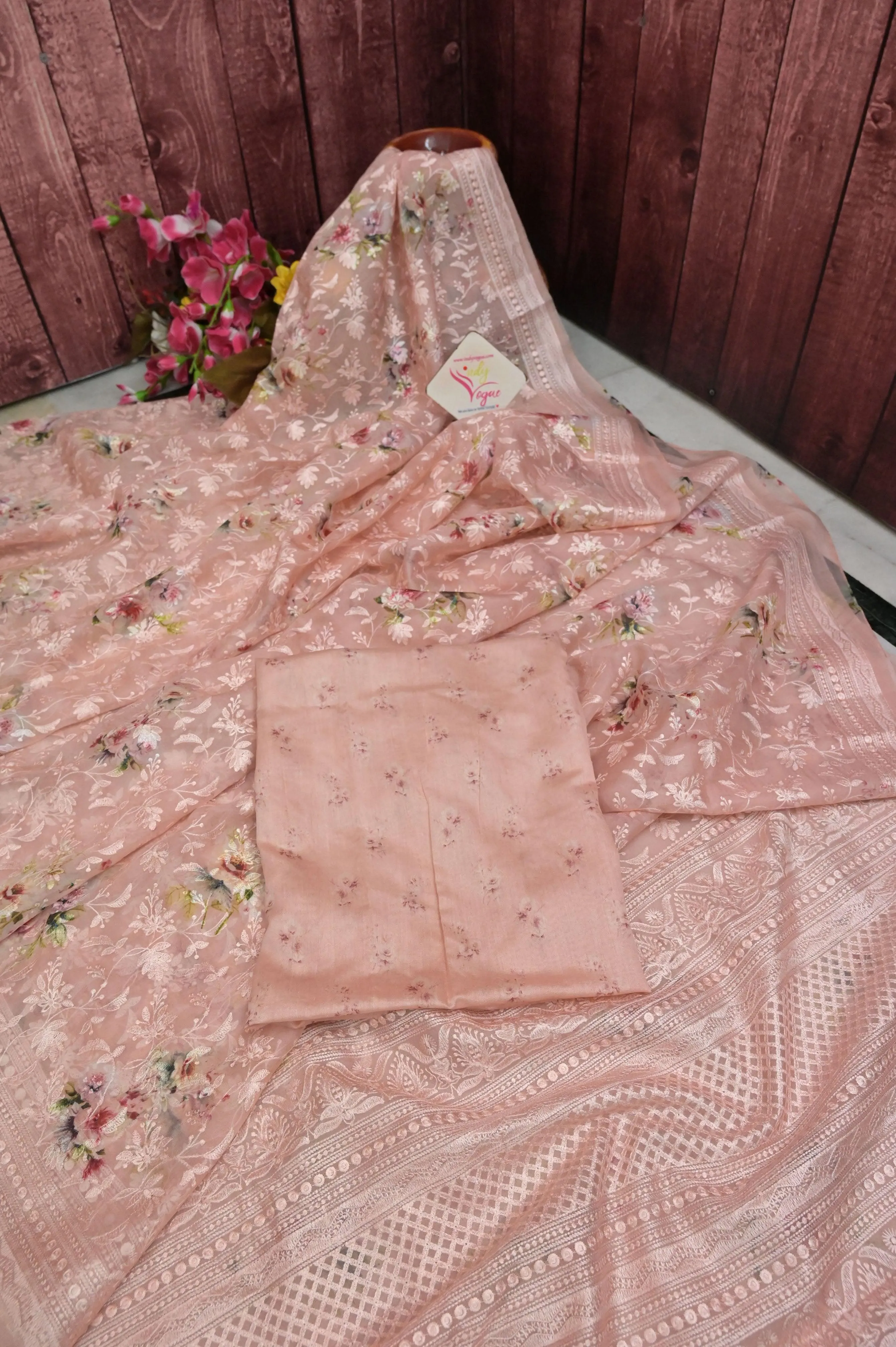 Peach Color Designer Organza Saree with Chikankari and Digital Print