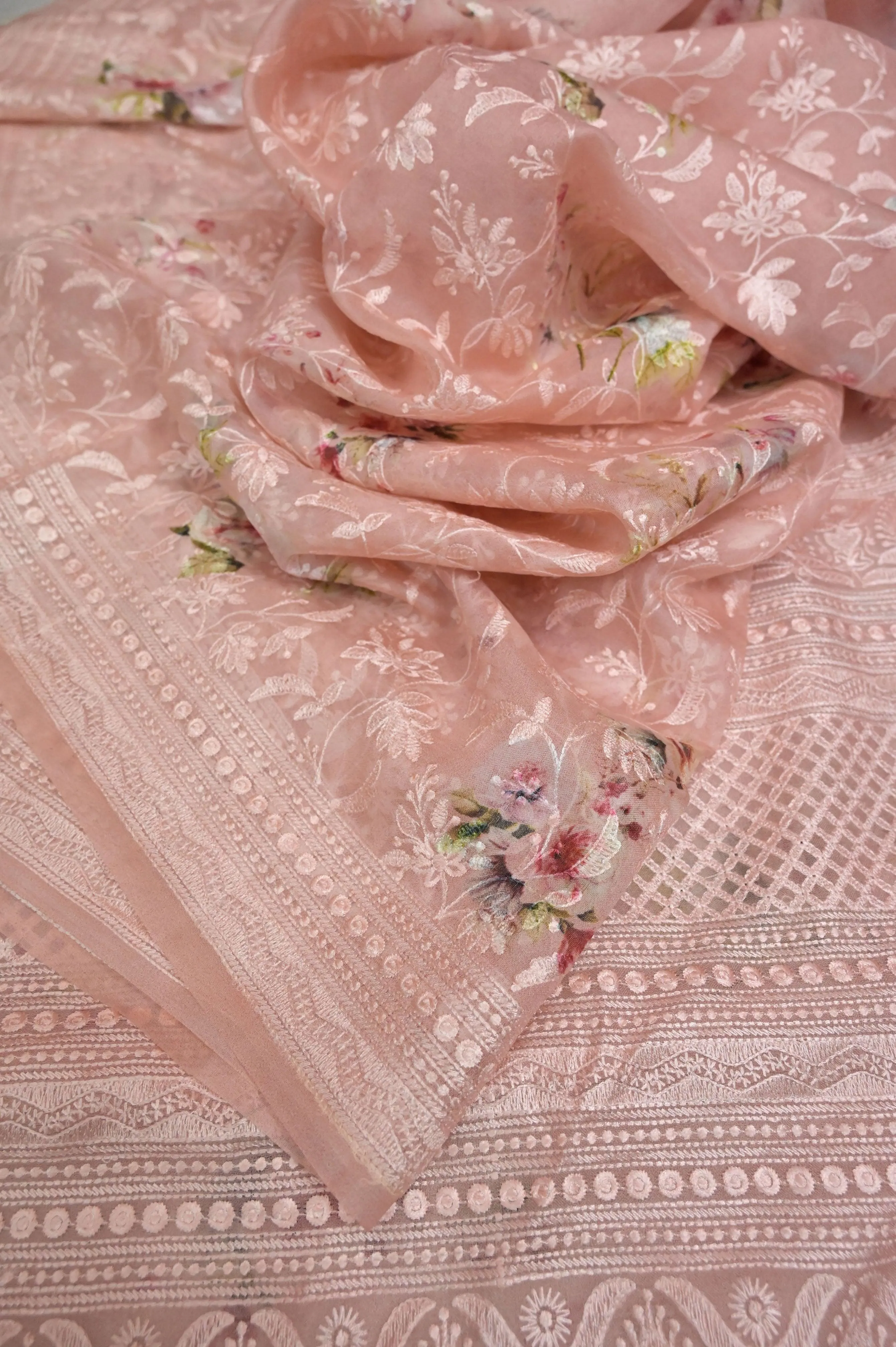 Peach Color Designer Organza Saree with Chikankari and Digital Print