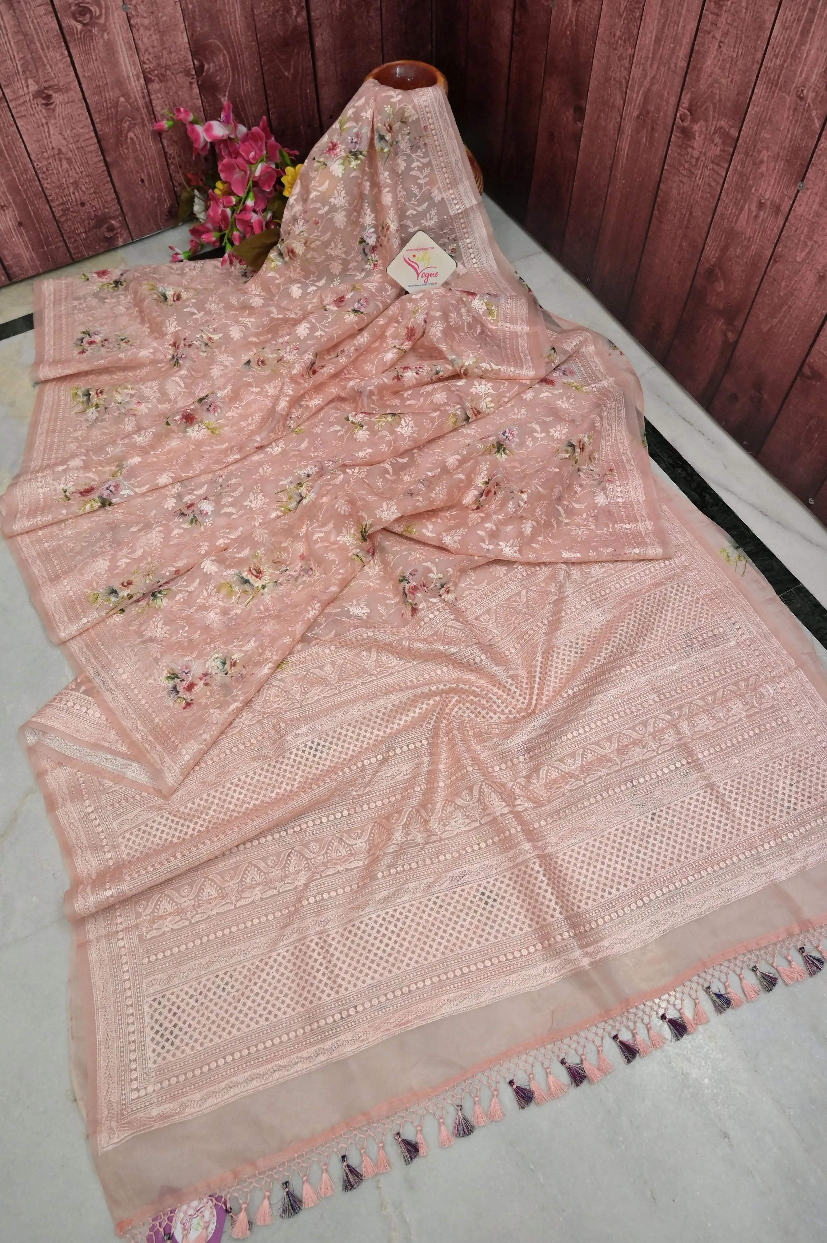 Peach Color Designer Organza Saree with Chikankari and Digital Print