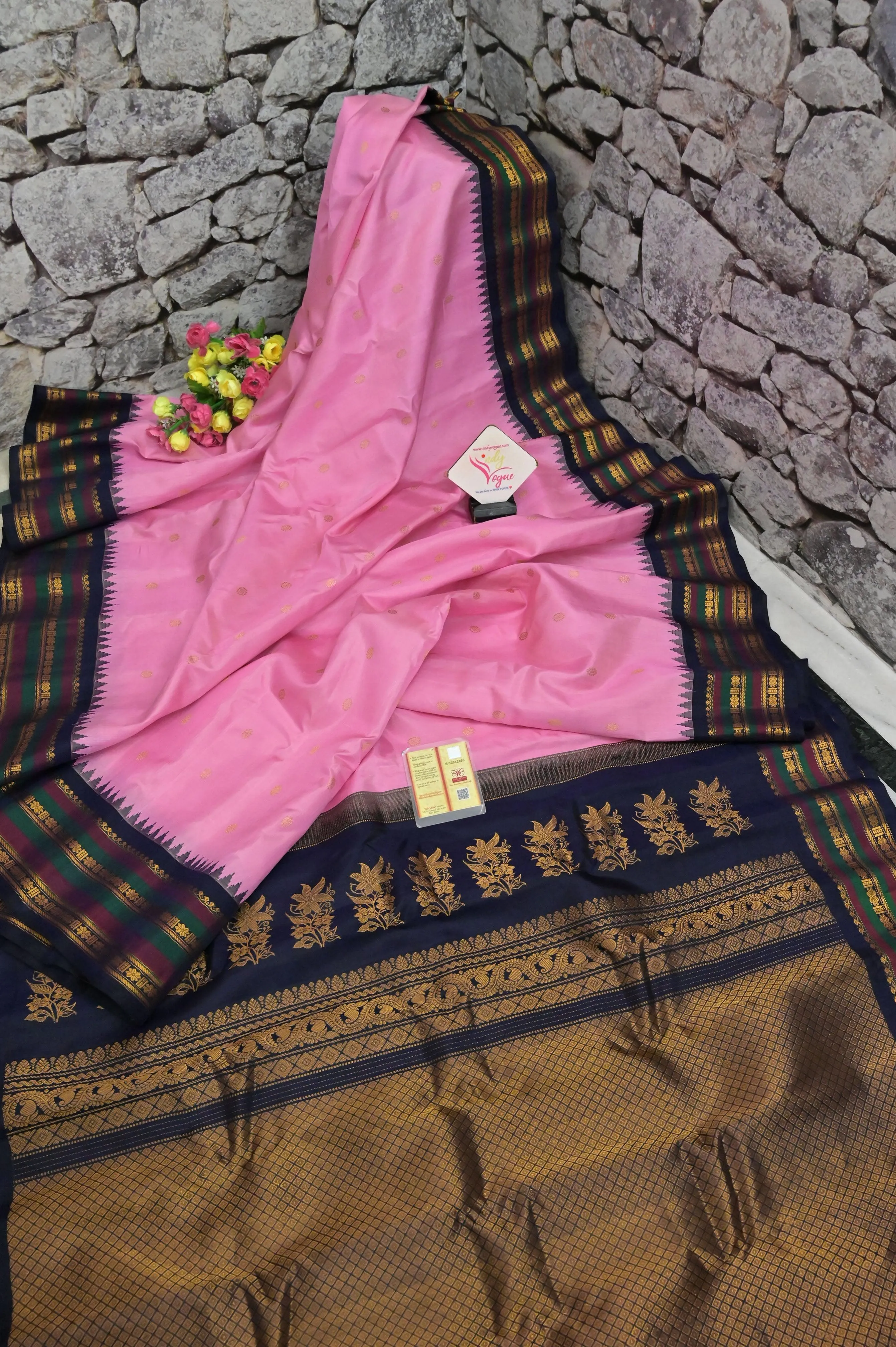 Pink and Navy Blue Color Pure Gadwal Silk Saree with Buti Work and Temple Border