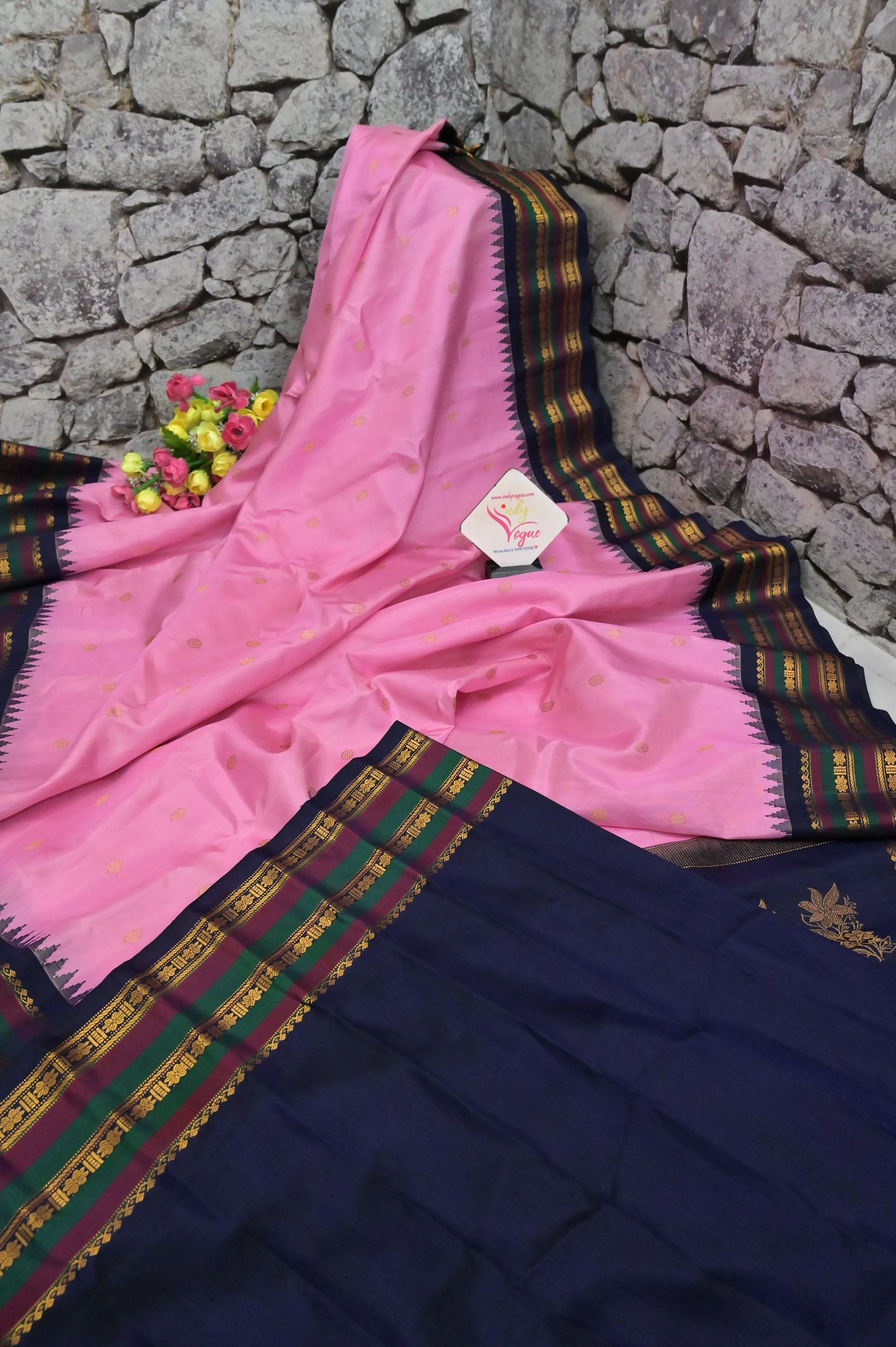 Pink and Navy Blue Color Pure Gadwal Silk Saree with Buti Work and Temple Border