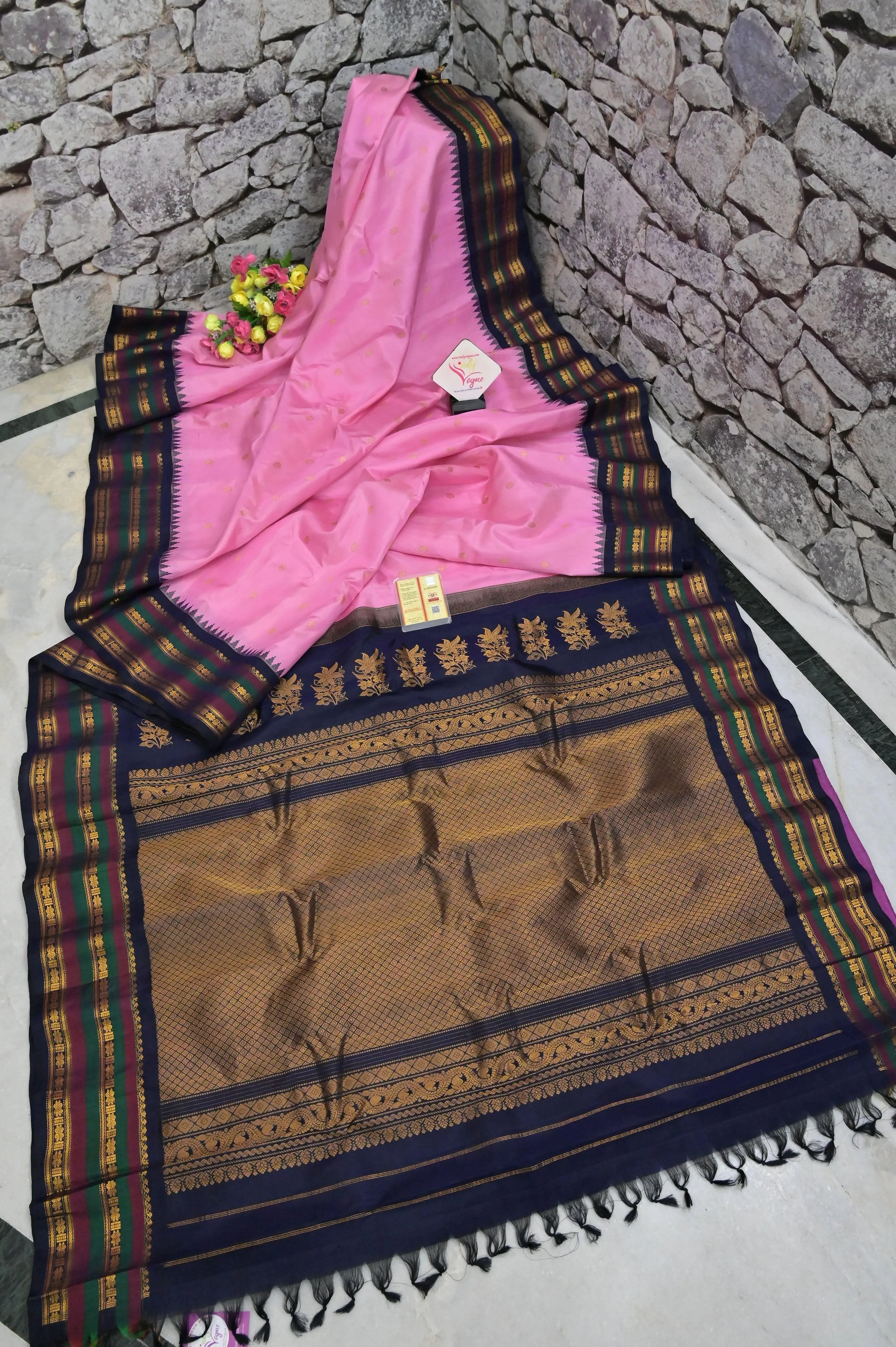 Pink and Navy Blue Color Pure Gadwal Silk Saree with Buti Work and Temple Border