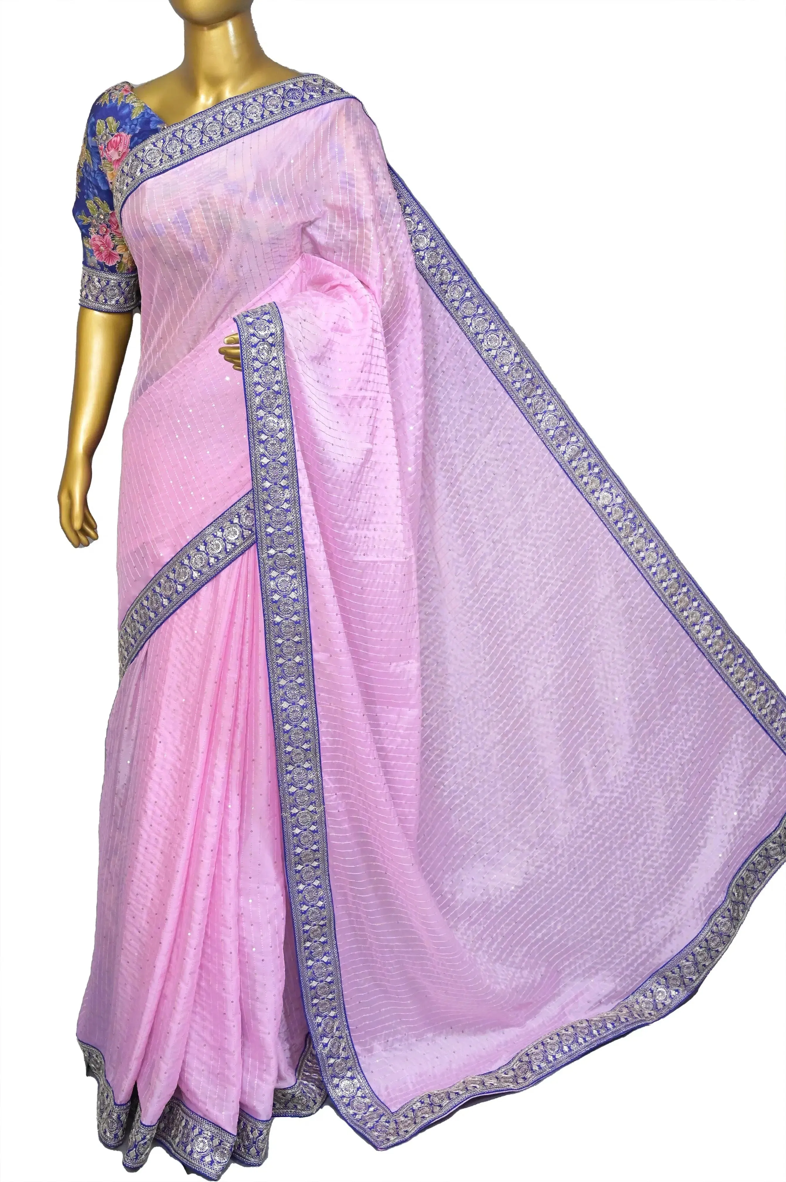 Pink Color Pure Chinon Saree with Sequin Work and Designer Lace Border