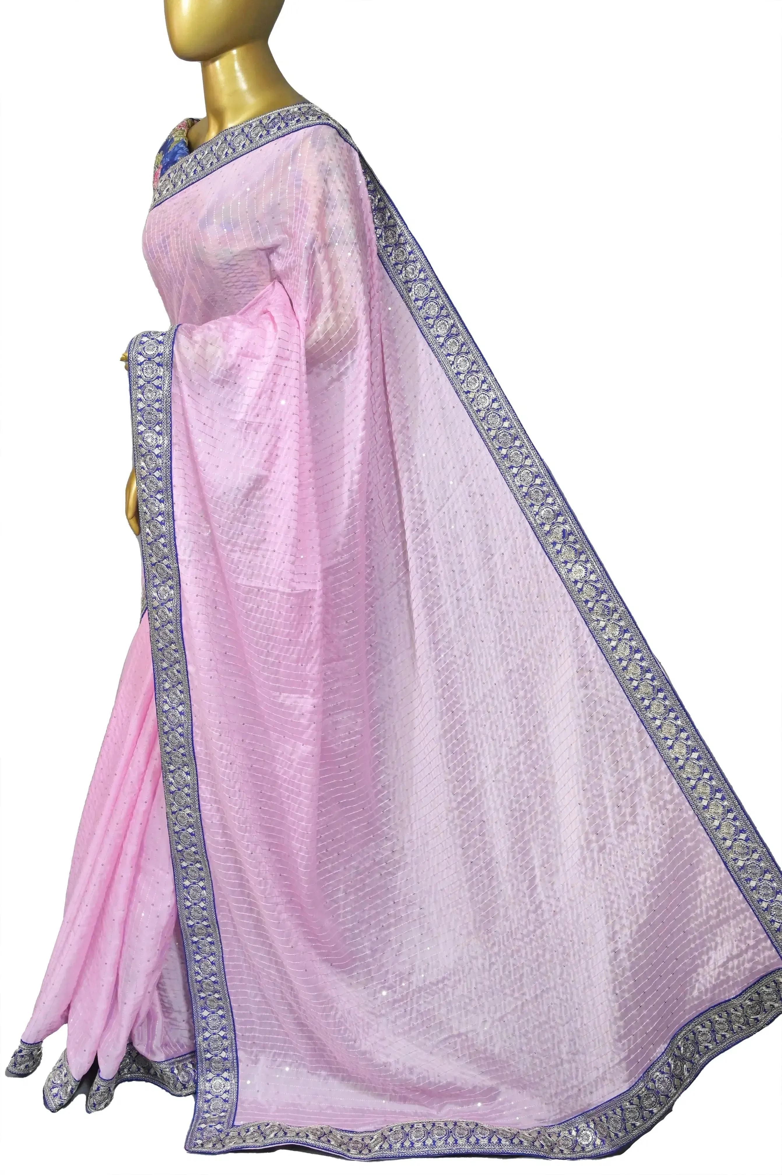 Pink Color Pure Chinon Saree with Sequin Work and Designer Lace Border