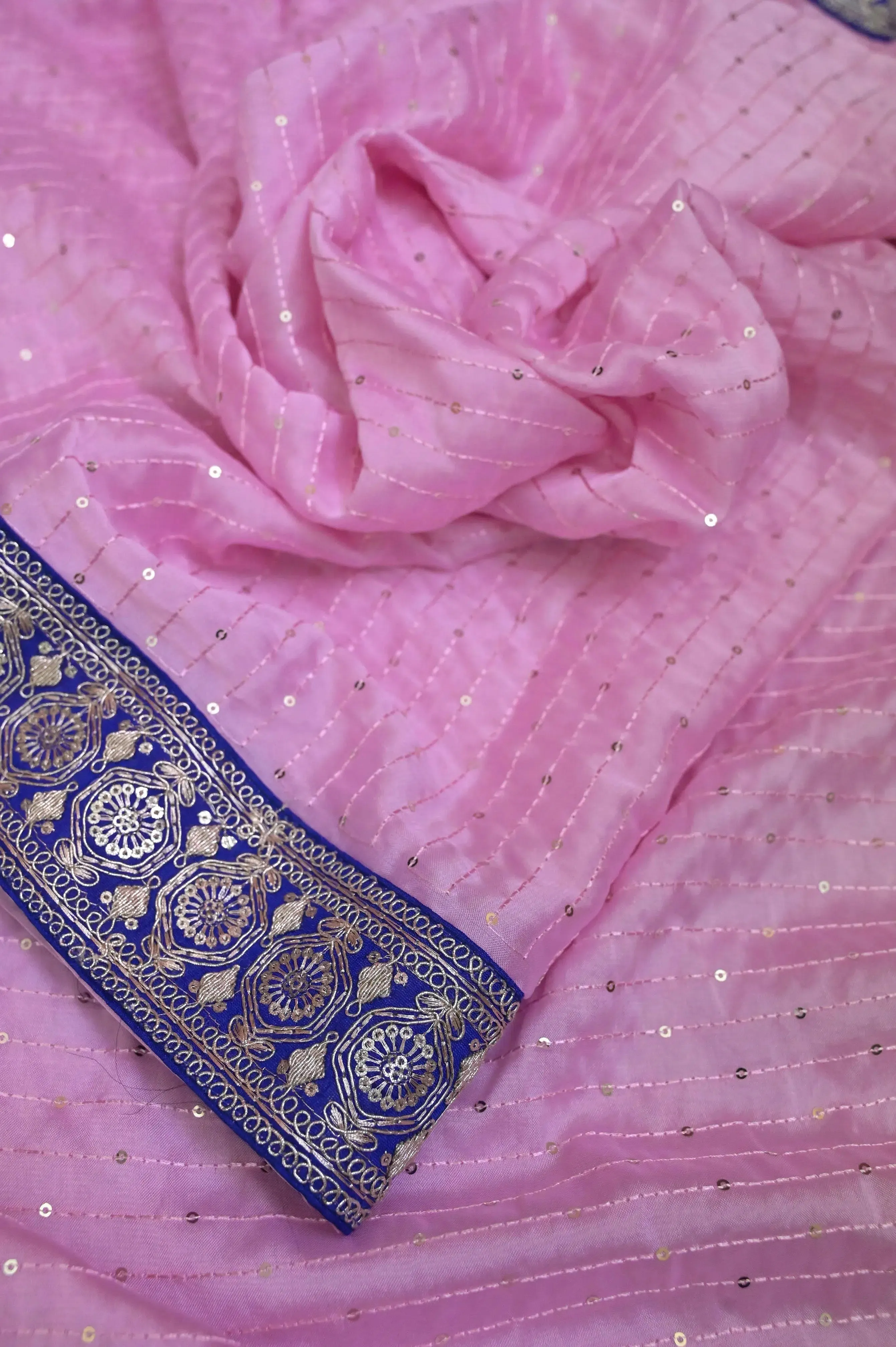 Pink Color Pure Chinon Saree with Sequin Work and Designer Lace Border