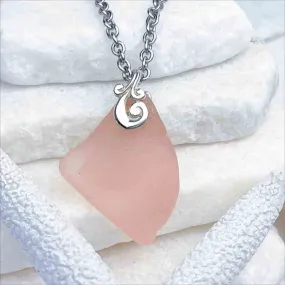 Rare Vintage Pink Sea Glass Pendant with Sterling Silver Ocean Waves Bail | #1729