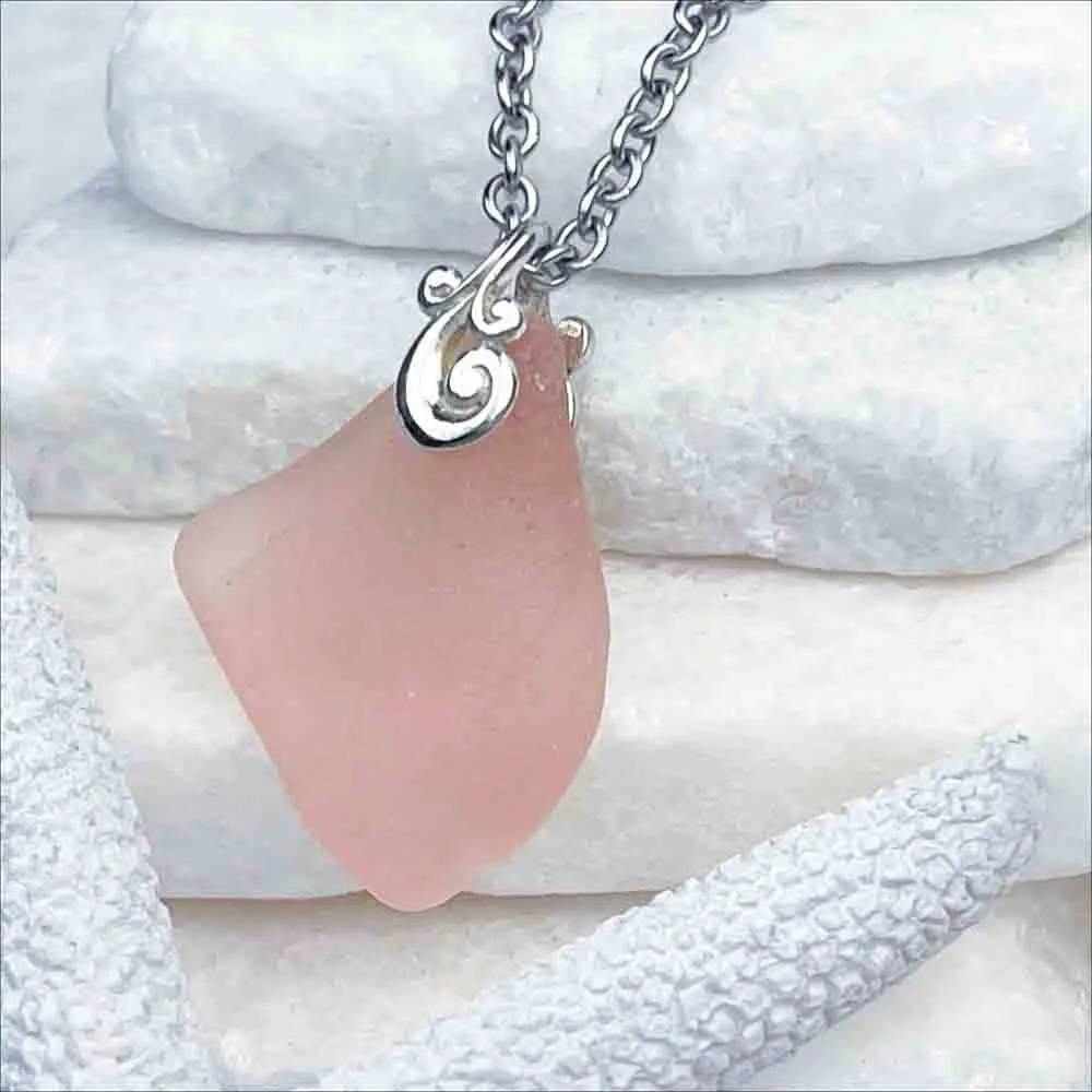 Rare Vintage Pink Sea Glass Pendant with Sterling Silver Ocean Waves Bail | #1729