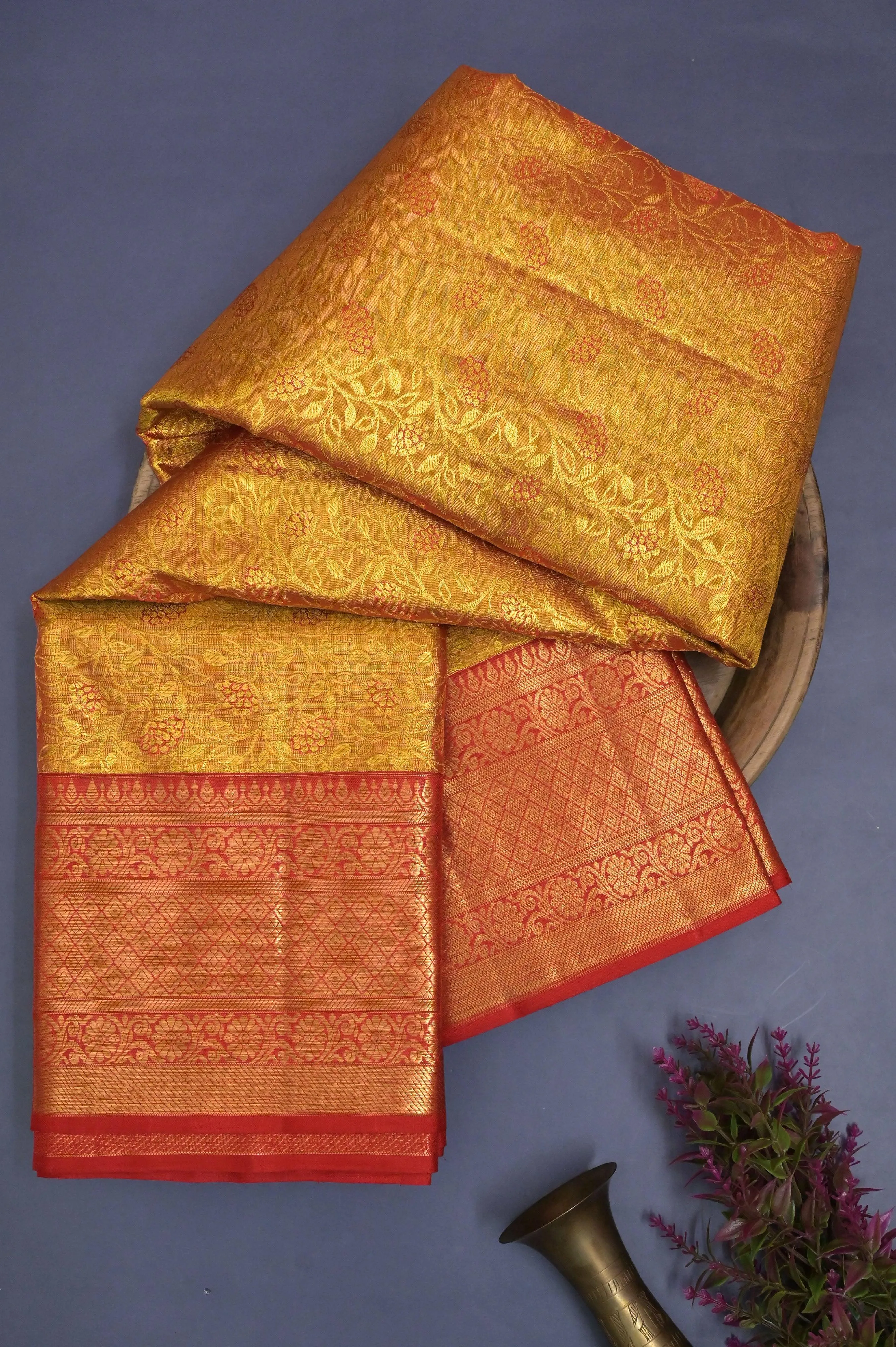 Red and Golden Color Pure Brocade Kanjeevaram Silk Saree with Pure Gold Zari Work