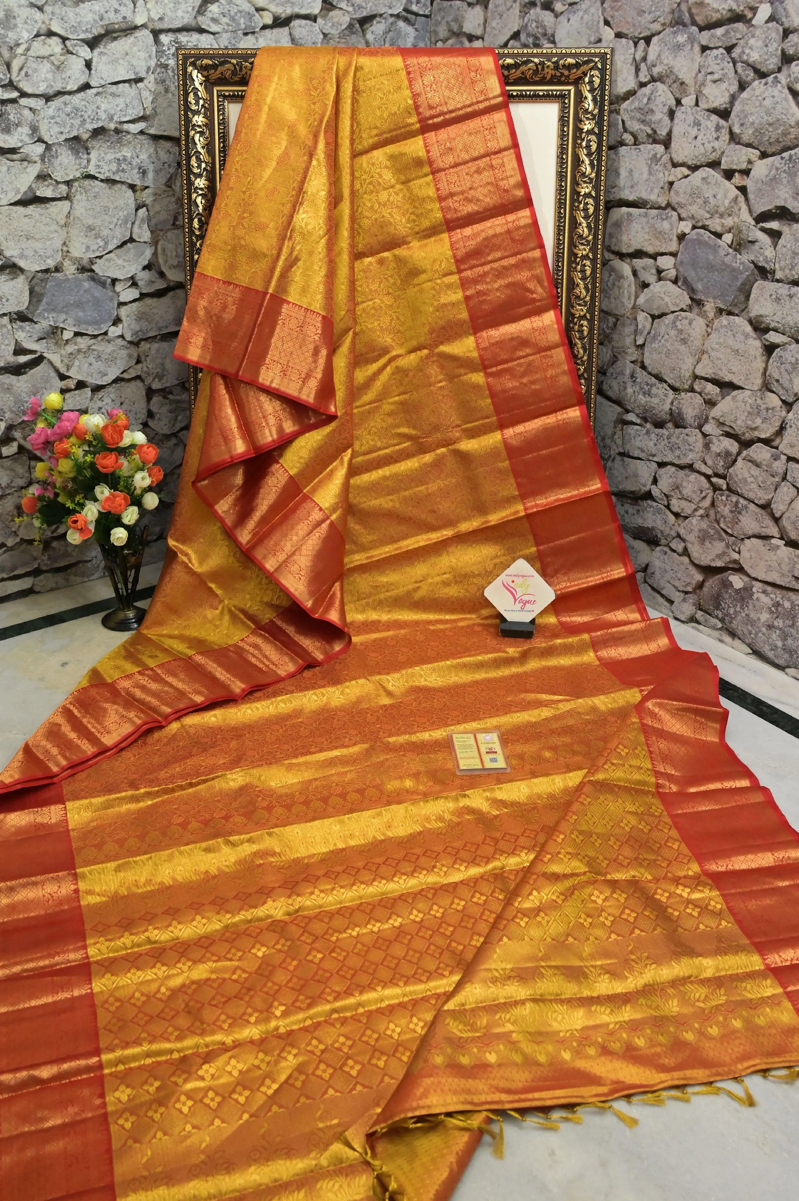 Red and Golden Color Pure Brocade Kanjeevaram Silk Saree with Pure Gold Zari Work