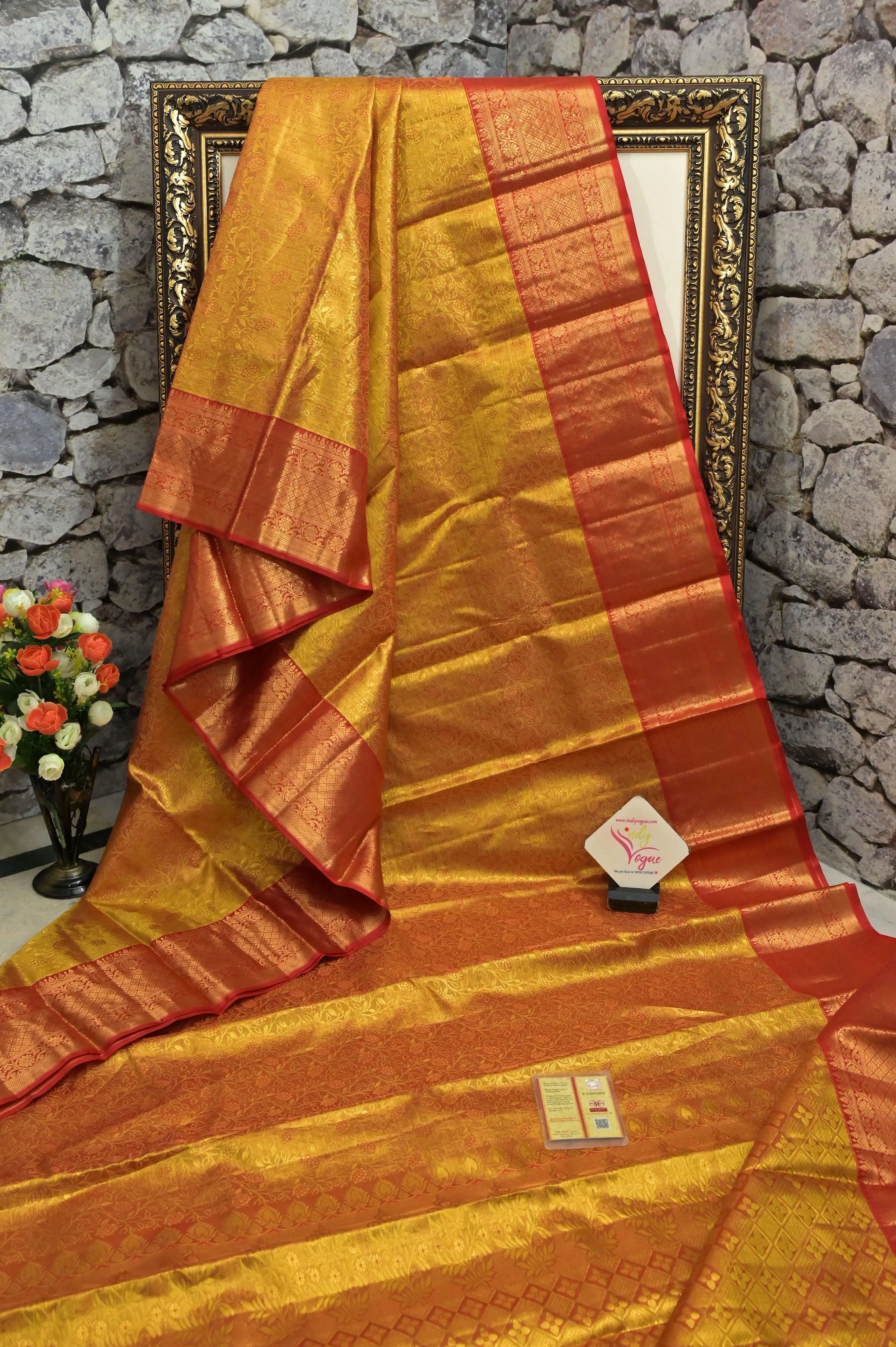 Red and Golden Color Pure Brocade Kanjeevaram Silk Saree with Pure Gold Zari Work