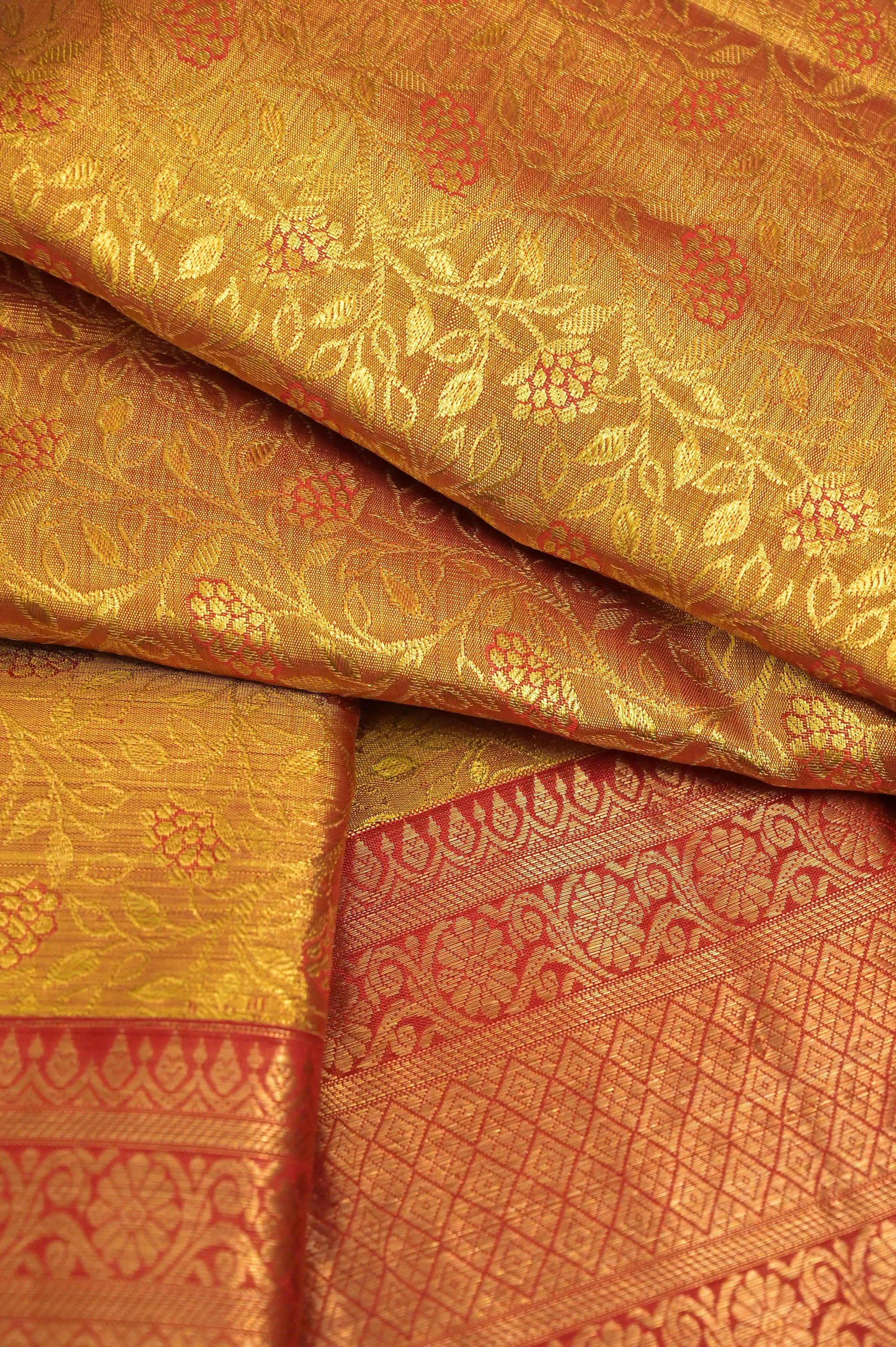 Red and Golden Color Pure Brocade Kanjeevaram Silk Saree with Pure Gold Zari Work