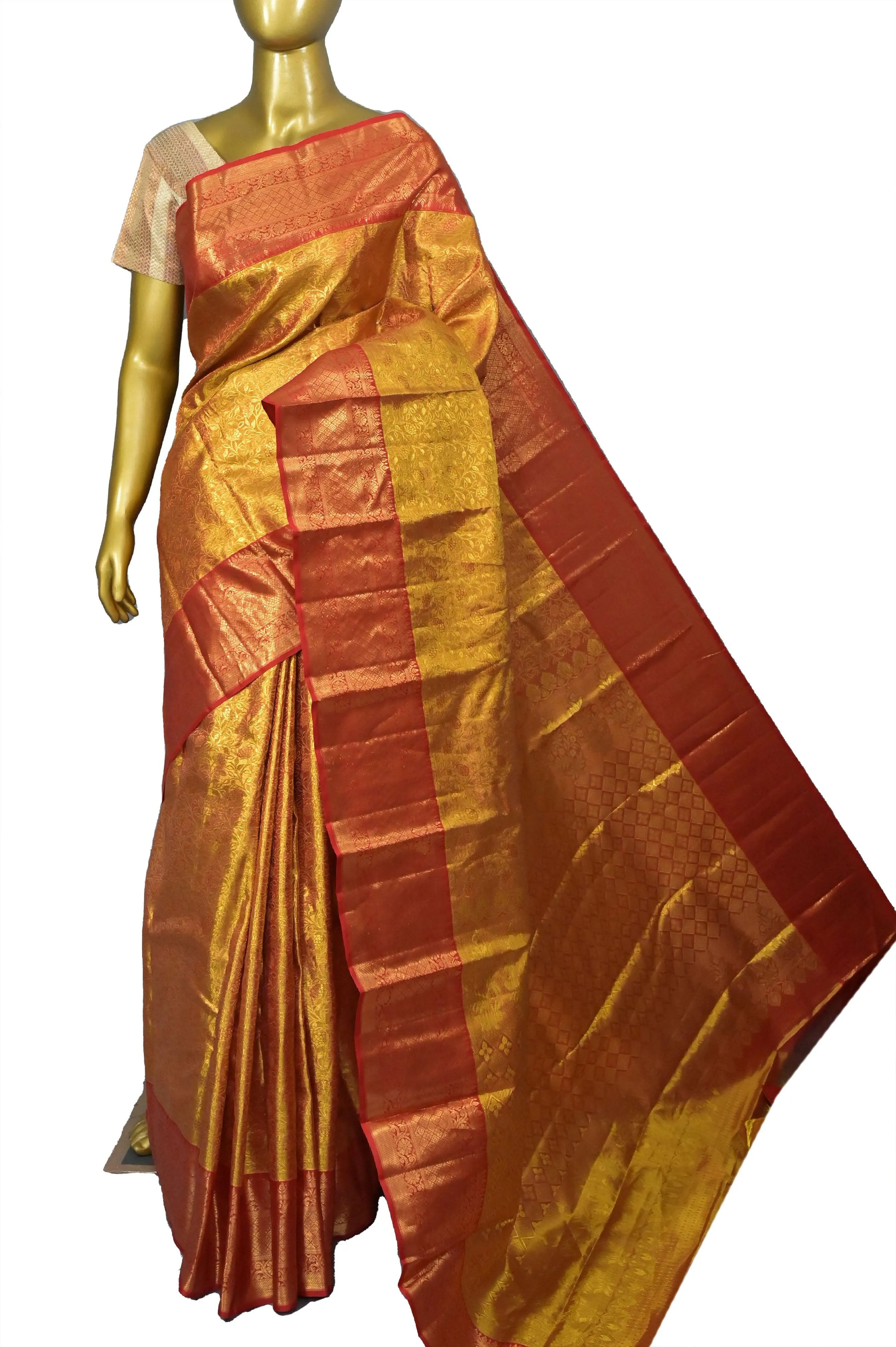 Red and Golden Color Pure Brocade Kanjeevaram Silk Saree with Pure Gold Zari Work