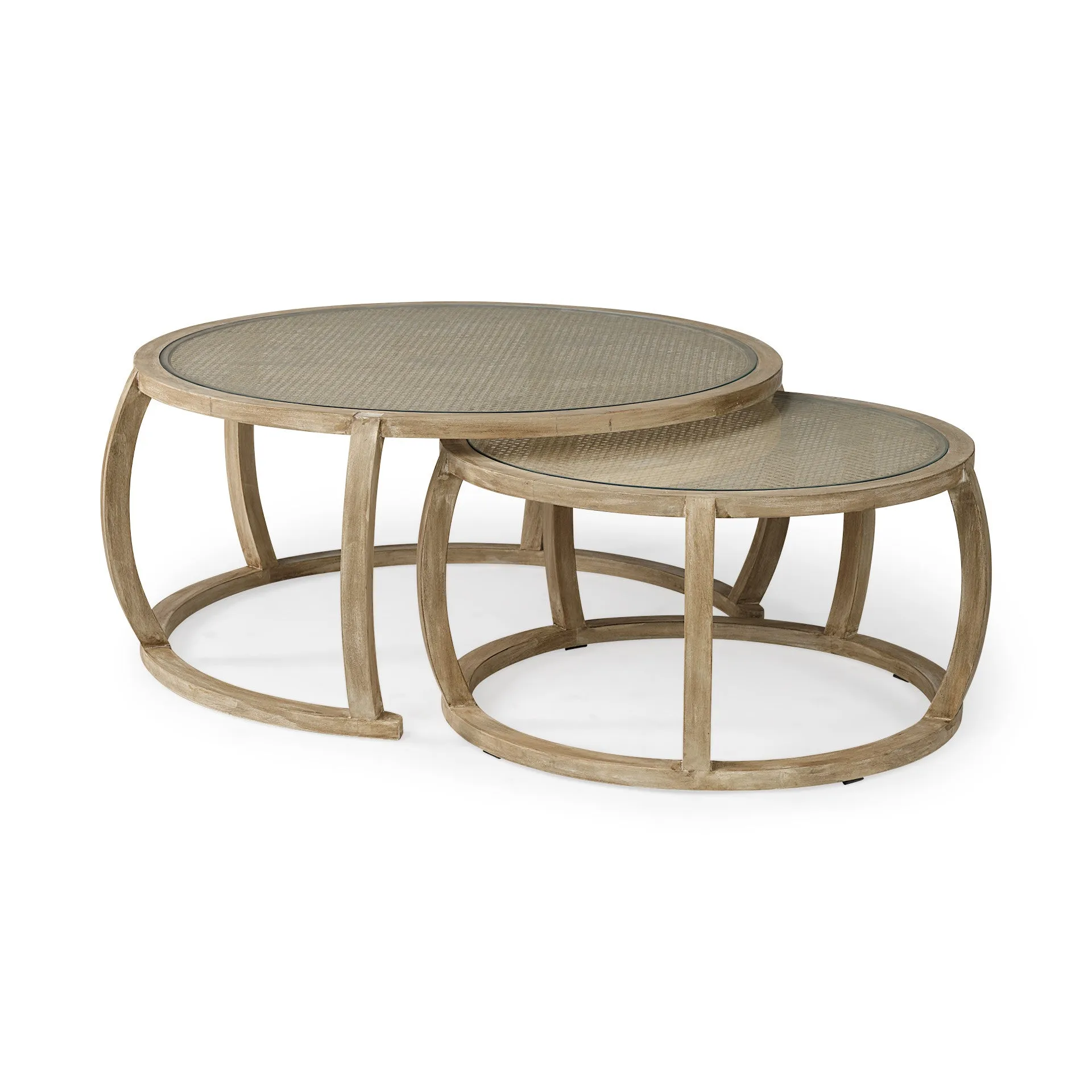 S2 41.5 Round Woven Cane Glass Top And Solid Wood Coffee Tables