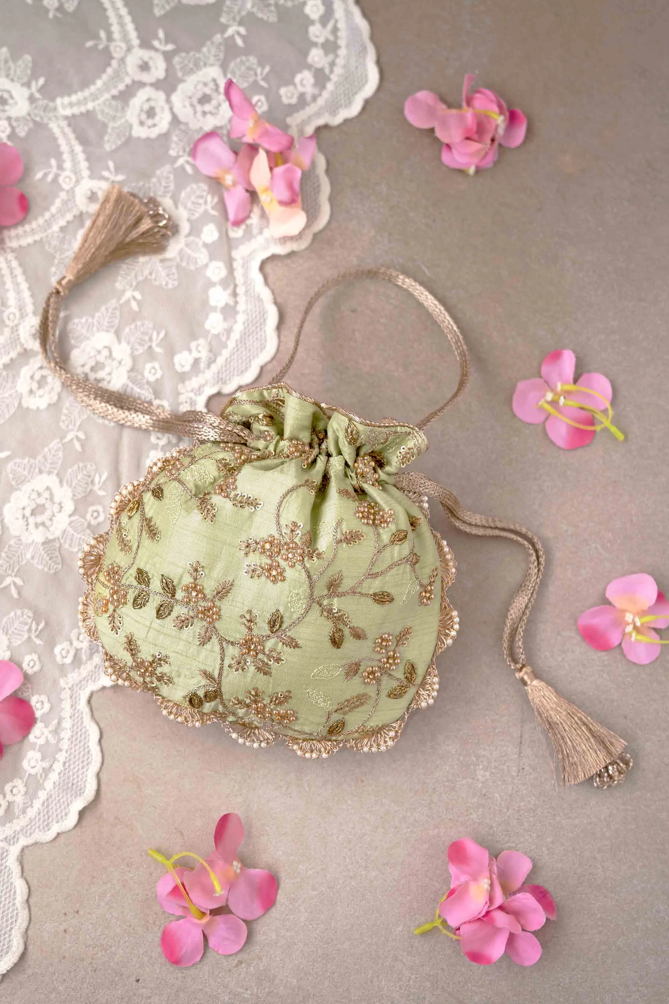 Sage pearl embroidered potli bag