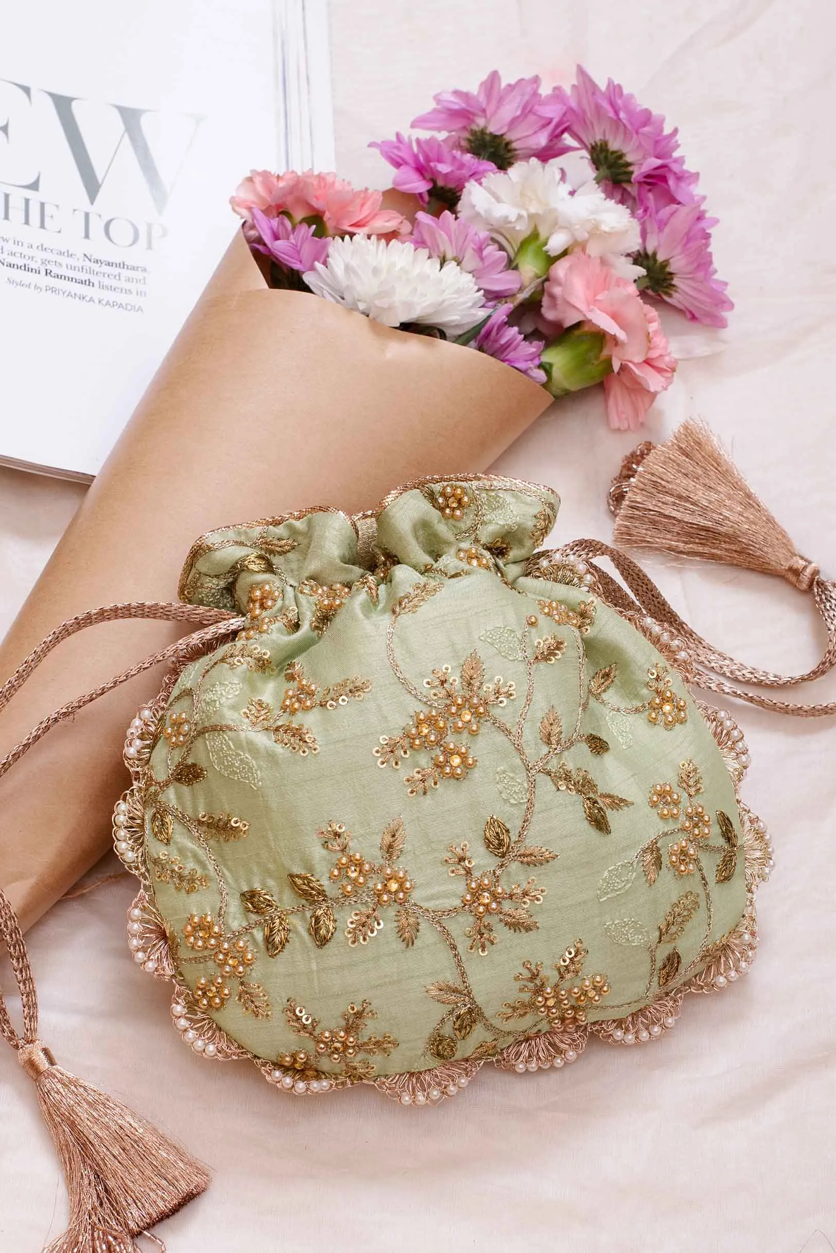 Sage pearl embroidered potli bag