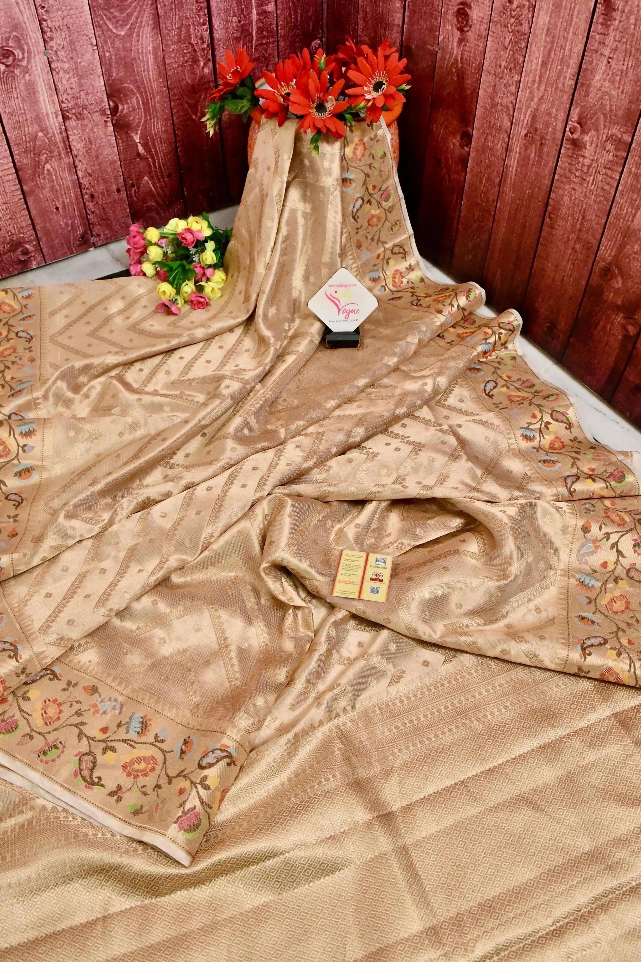 Sand Golden Color Tissue Banarasi with Zari Work and Paithani Border