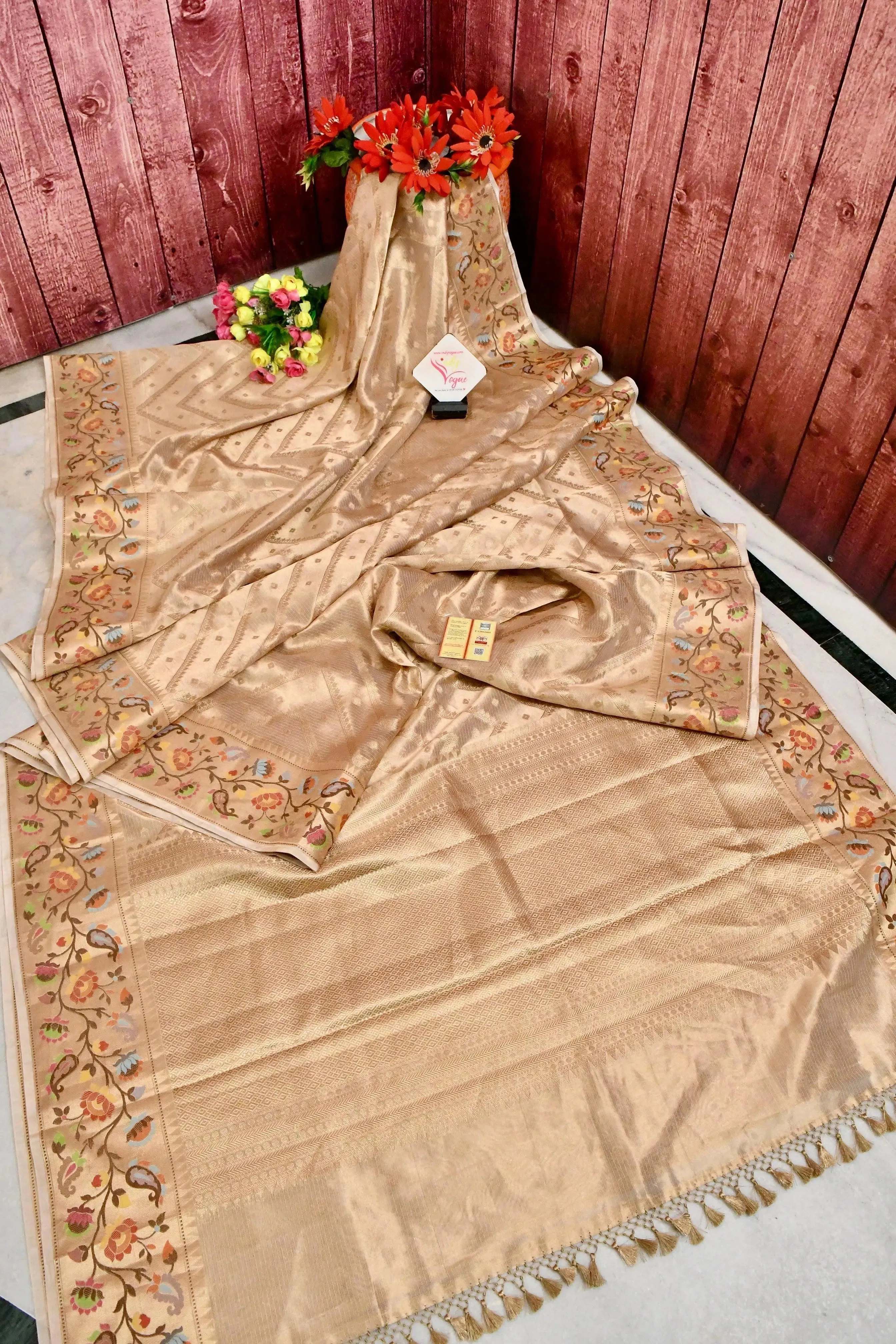 Sand Golden Color Tissue Banarasi with Zari Work and Paithani Border