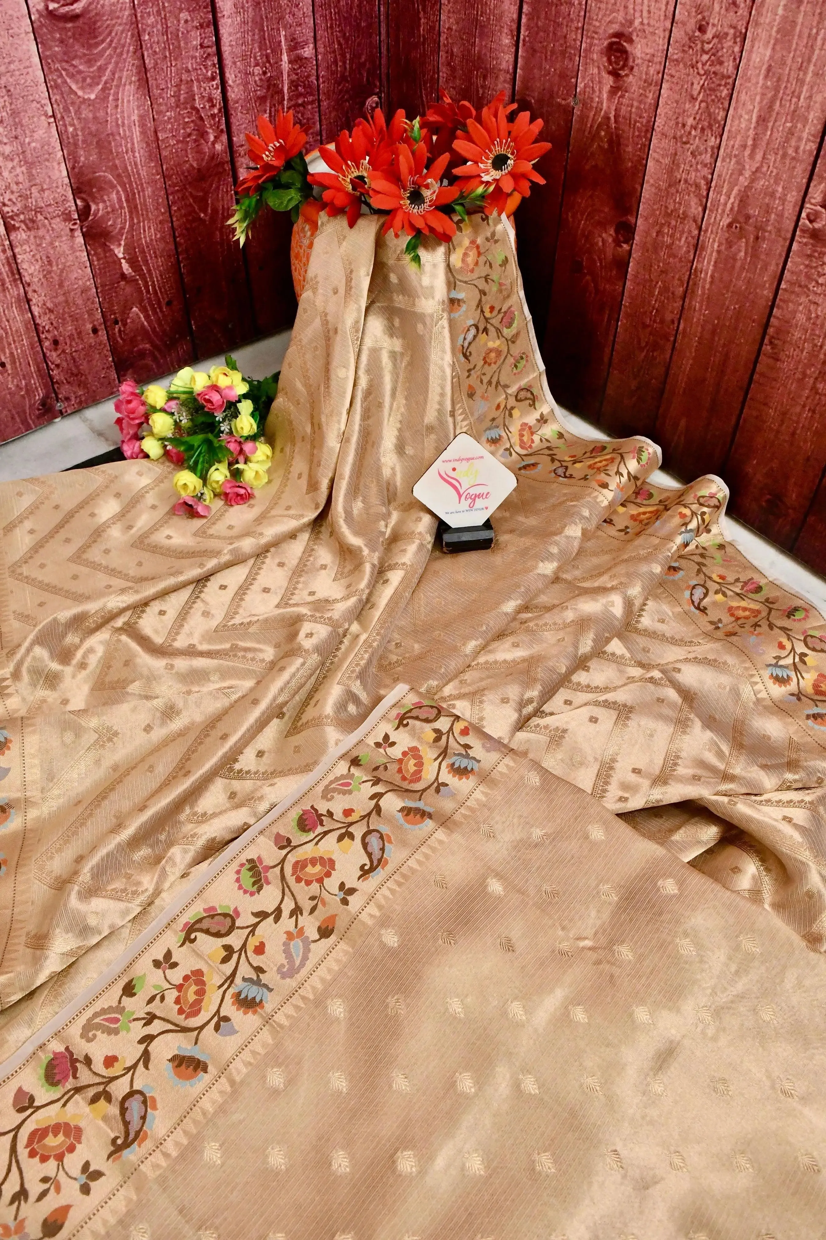 Sand Golden Color Tissue Banarasi with Zari Work and Paithani Border