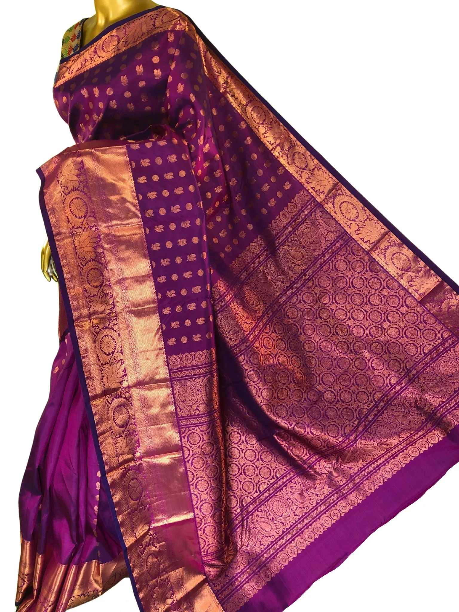 Sangria Color Kanjeevaram Silk Saree with Allover Copper Zari Work