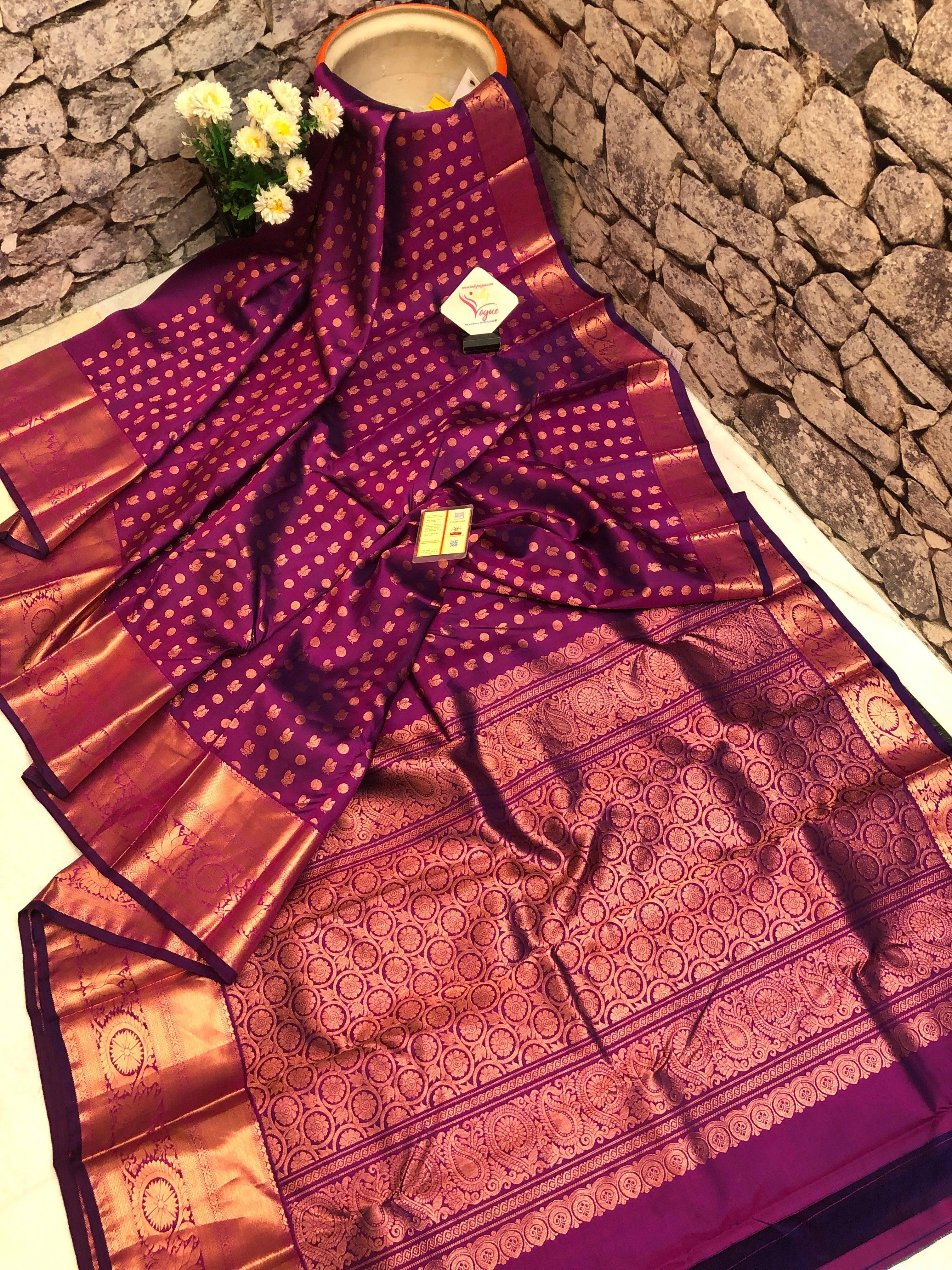 Sangria Color Kanjeevaram Silk Saree with Allover Copper Zari Work