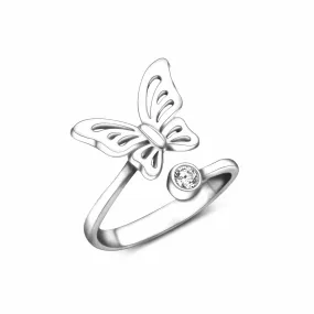 Simple Butterfly Ring Silver CZ Open Bypass Ring Adjustable