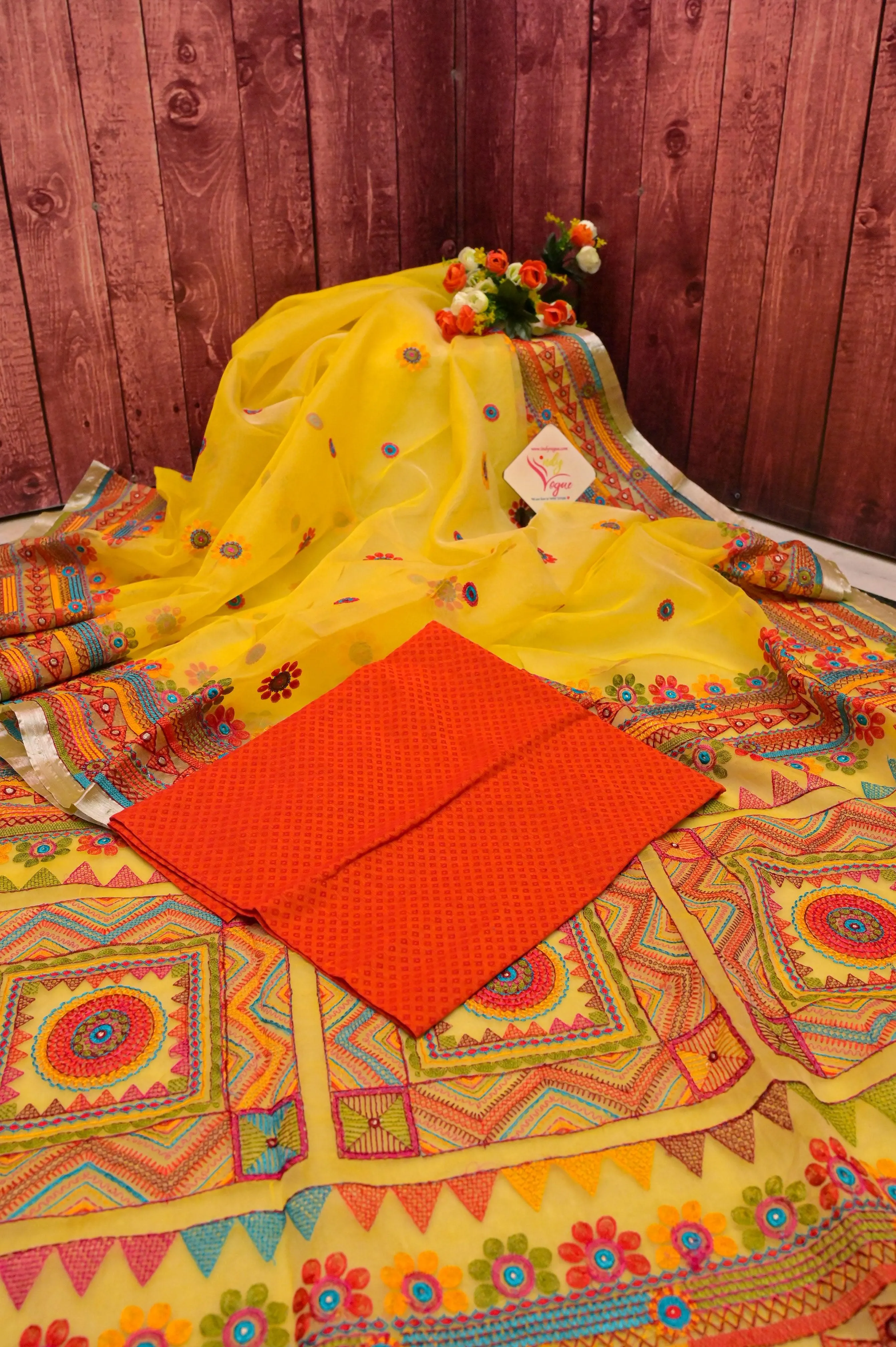 Sunflower Yellow Color Resham Handloom Saree with Lambani Embroidery