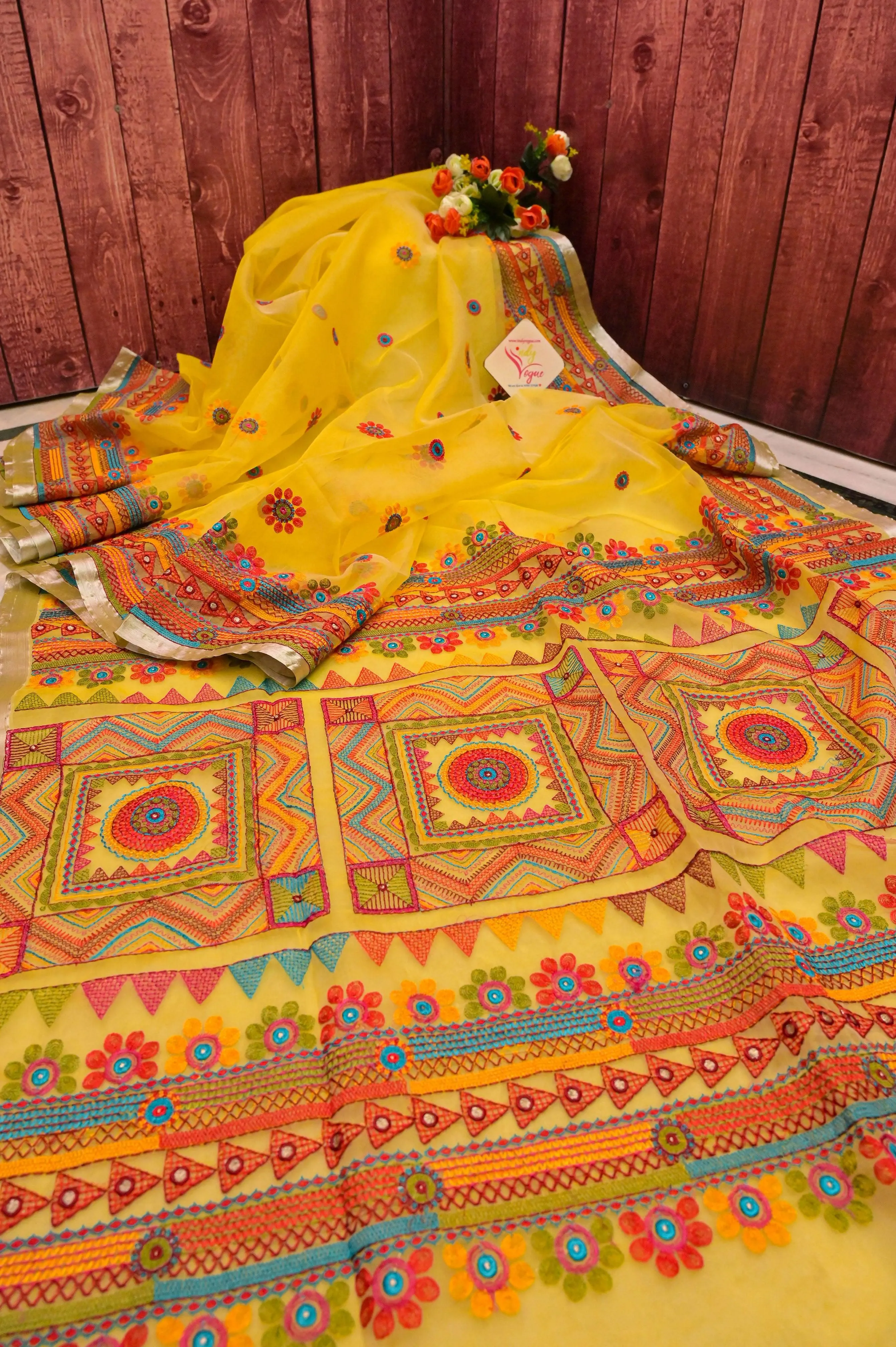 Sunflower Yellow Color Resham Handloom Saree with Lambani Embroidery