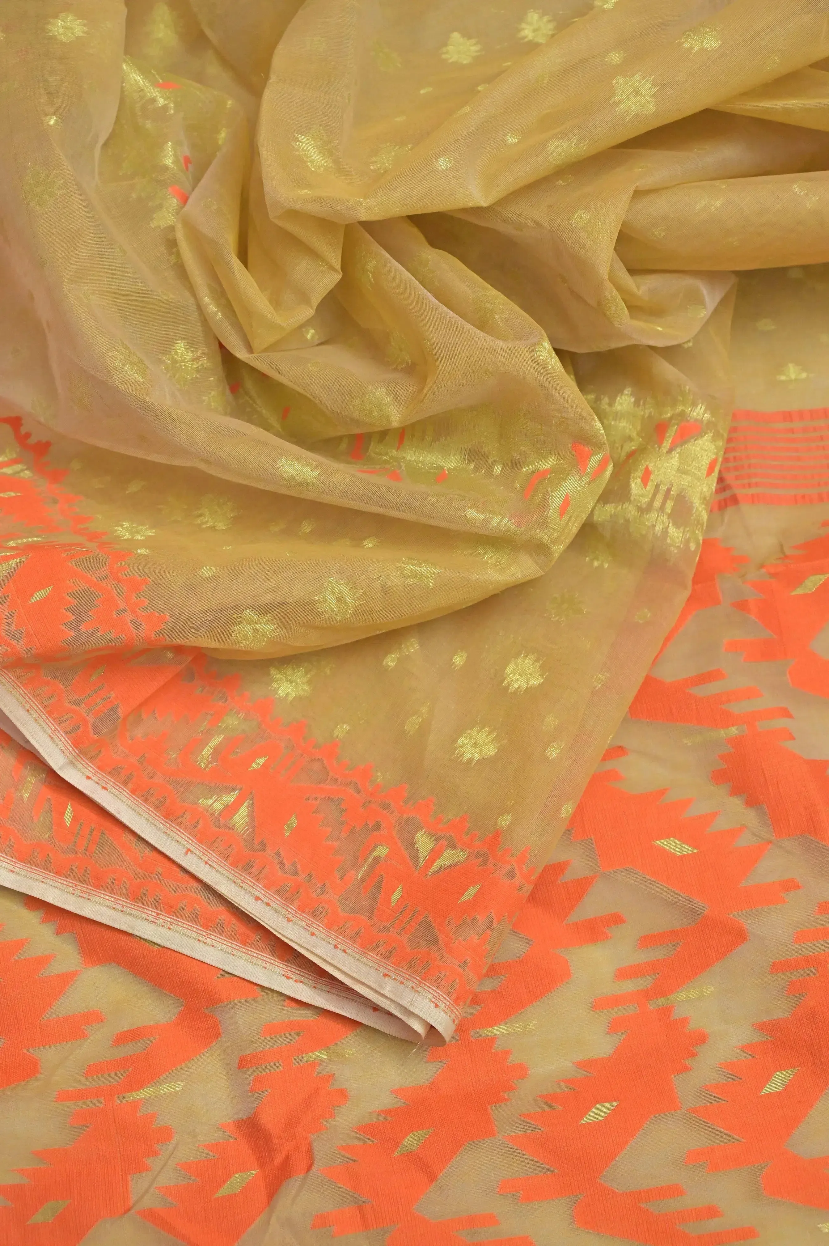 Tussar and Orange Color Jamdani Saree with Gap Border