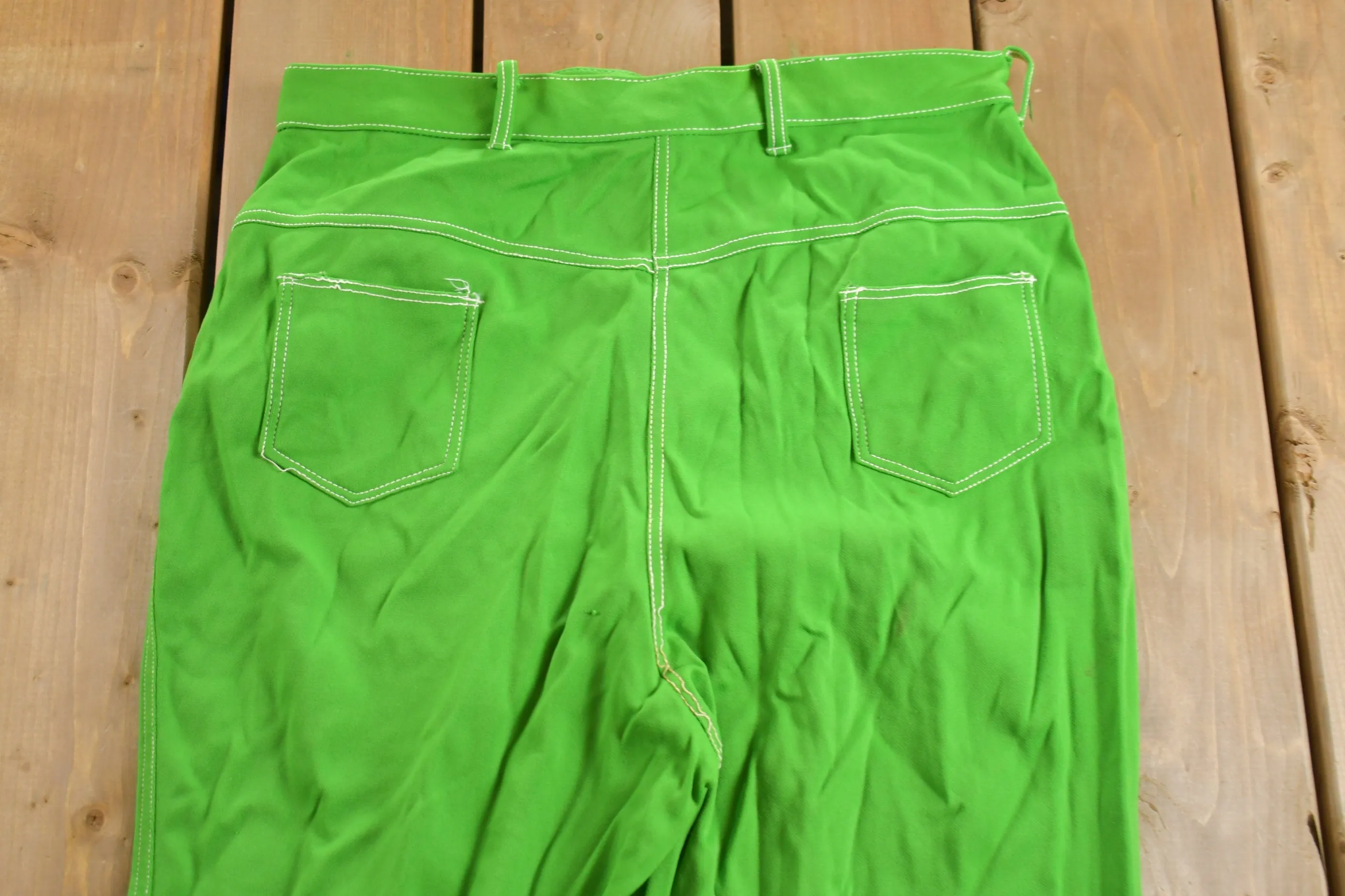 Vintage 1970s Neon Green Flared Trousers Size 32 x 29 / 70s Pants / Contrast Stitching / True Vintage Sears / Slacks / Polyester Trousers