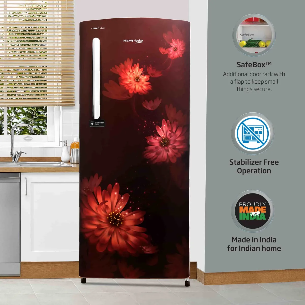 Voltas Beko 185 L, 3 Star, Single Door DC Refrigerator (Dahlia Wine)