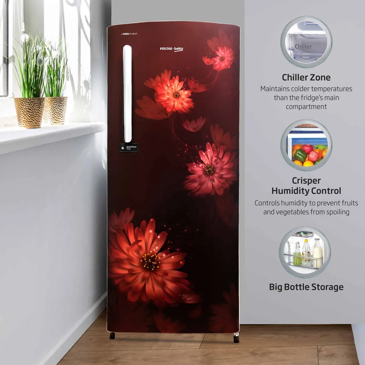 Voltas Beko 185 L, 3 Star, Single Door DC Refrigerator (Dahlia Wine)