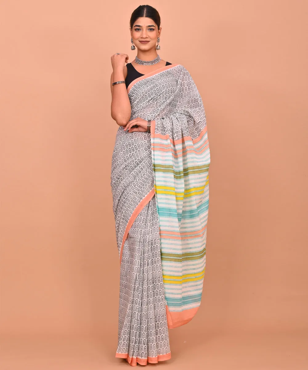 White black cotton bagru hand printed saree