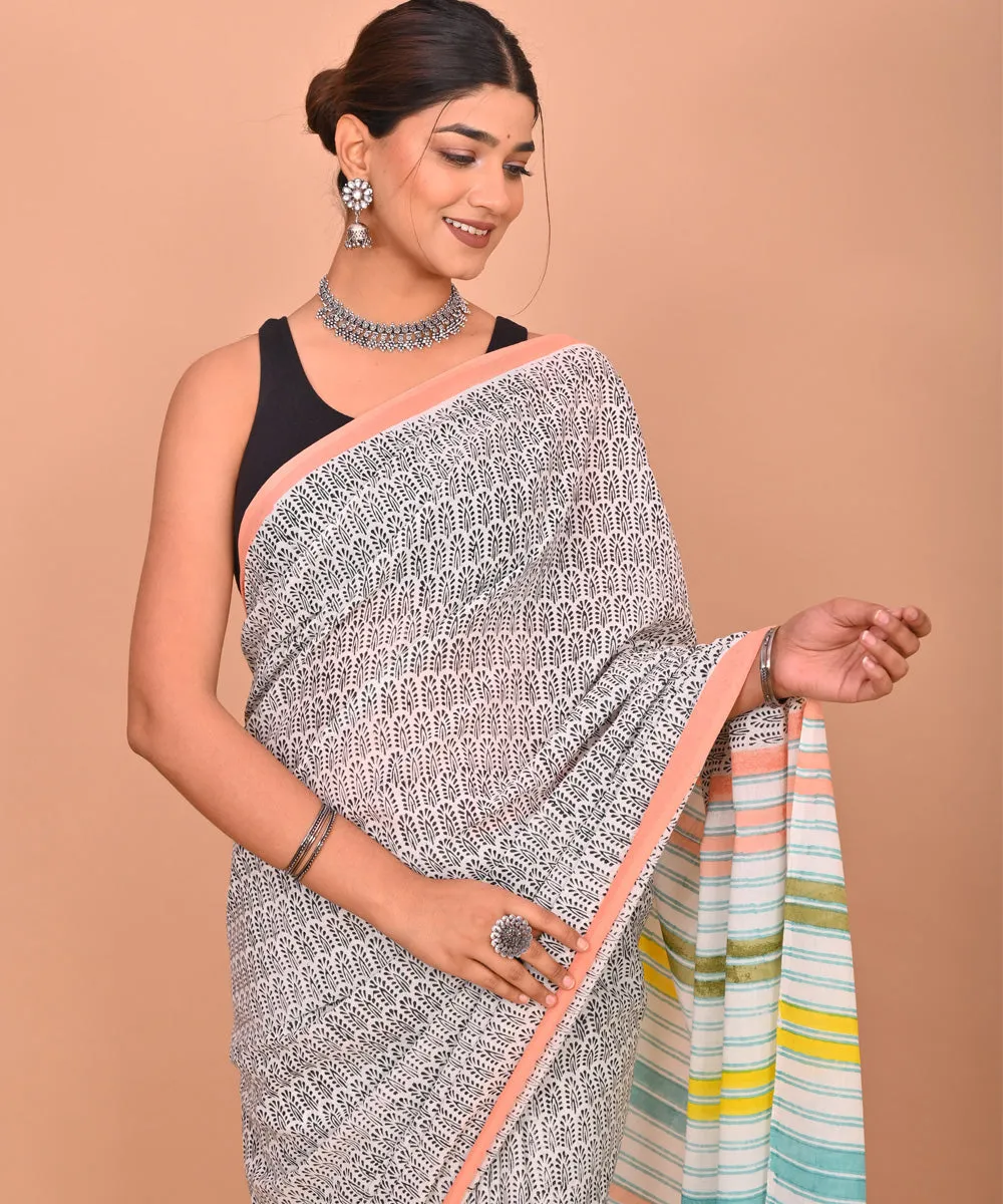 White black cotton bagru hand printed saree