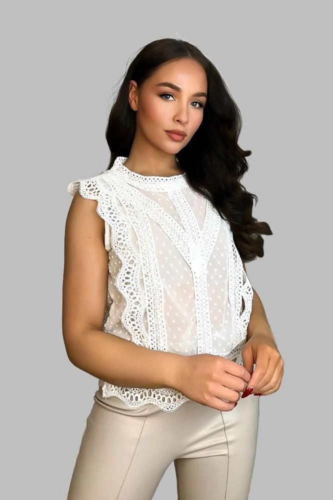 White Dobby Mesh Crochet Lace Trims Blouse