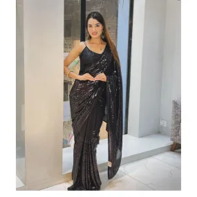 Women's Black Sequin Bollywood Party wear Saree