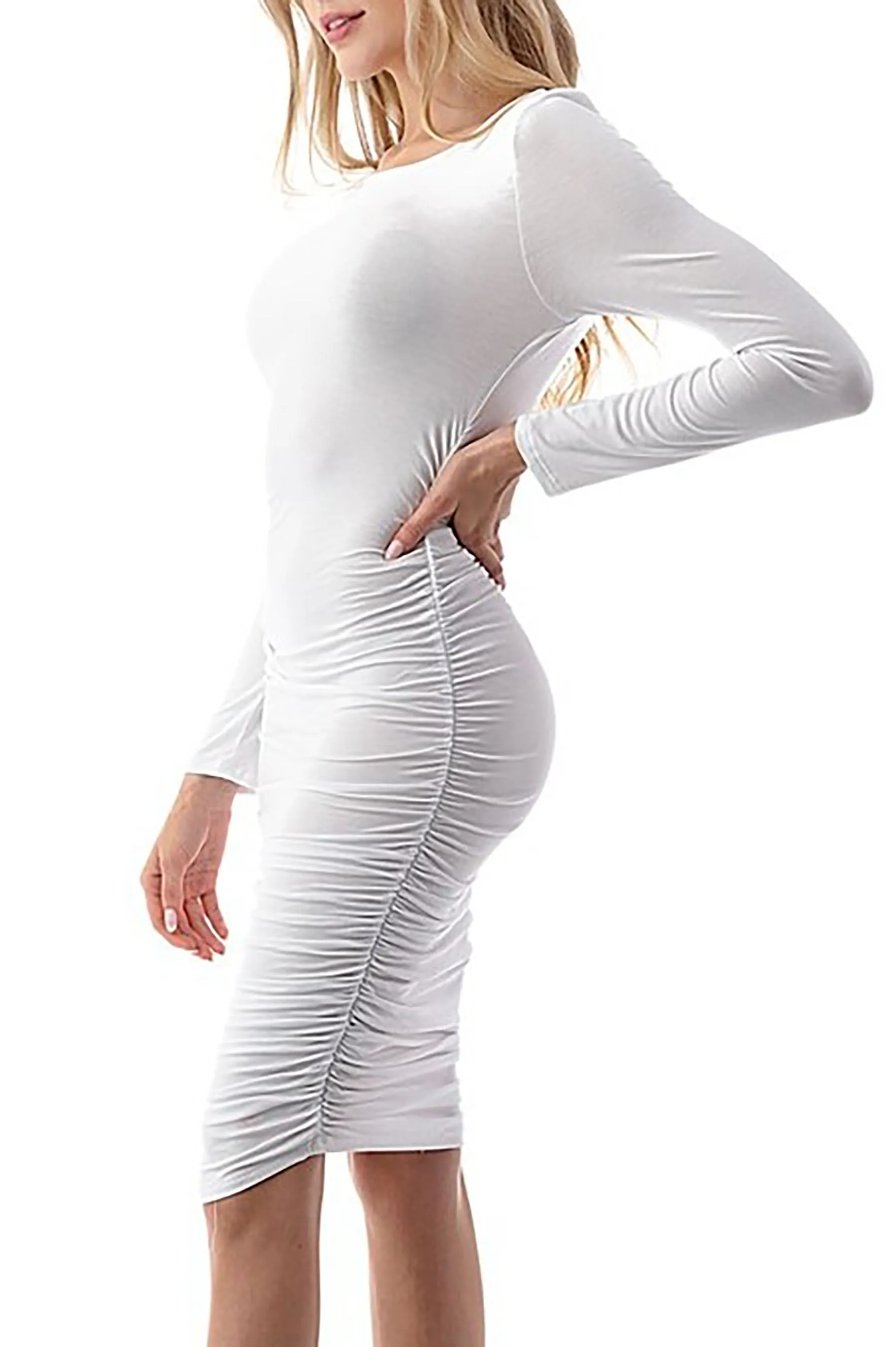 Women's Casual Long Sleeve Ruched Midi Dress