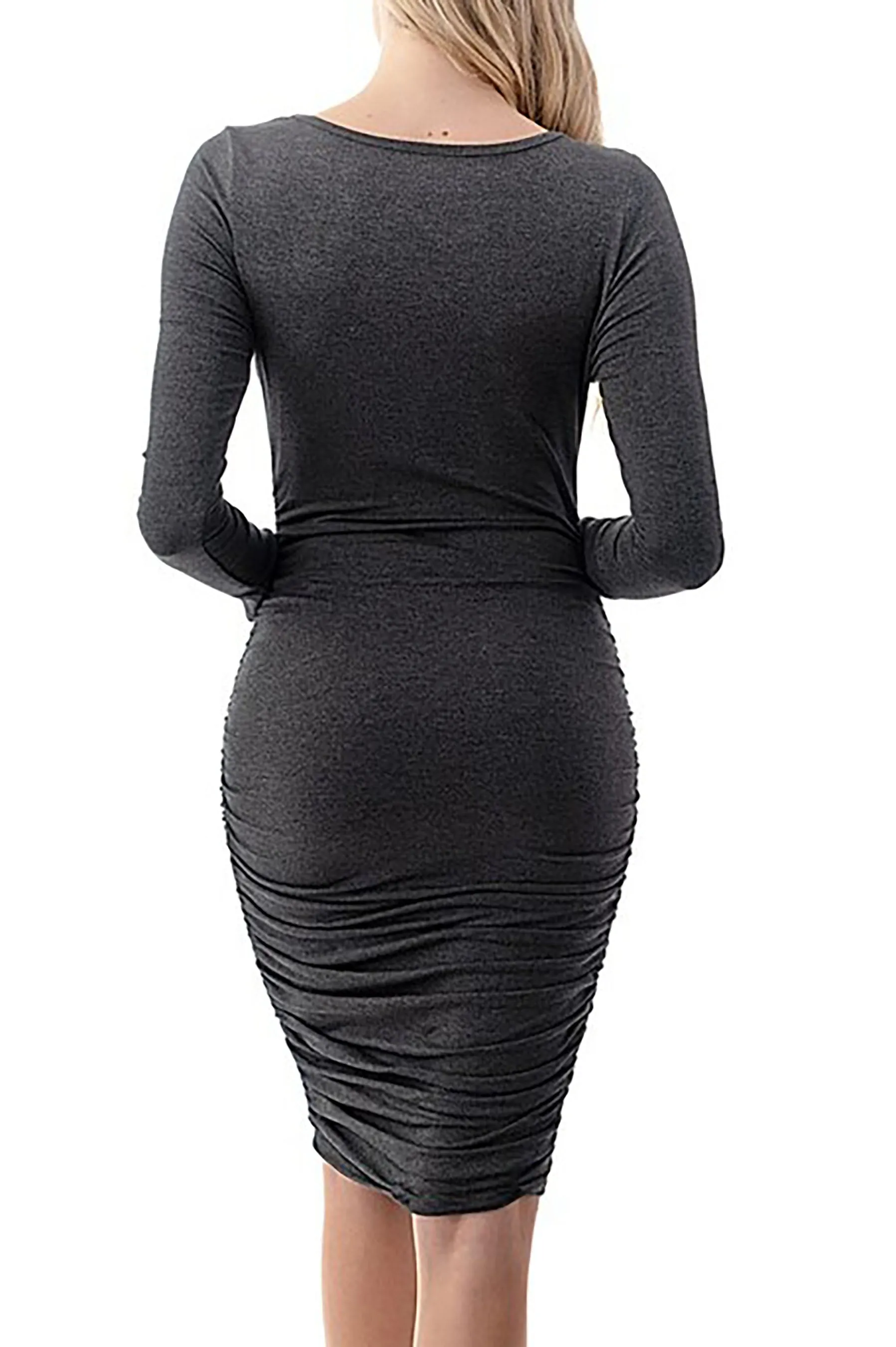 Women's Casual Long Sleeve Ruched Midi Dress