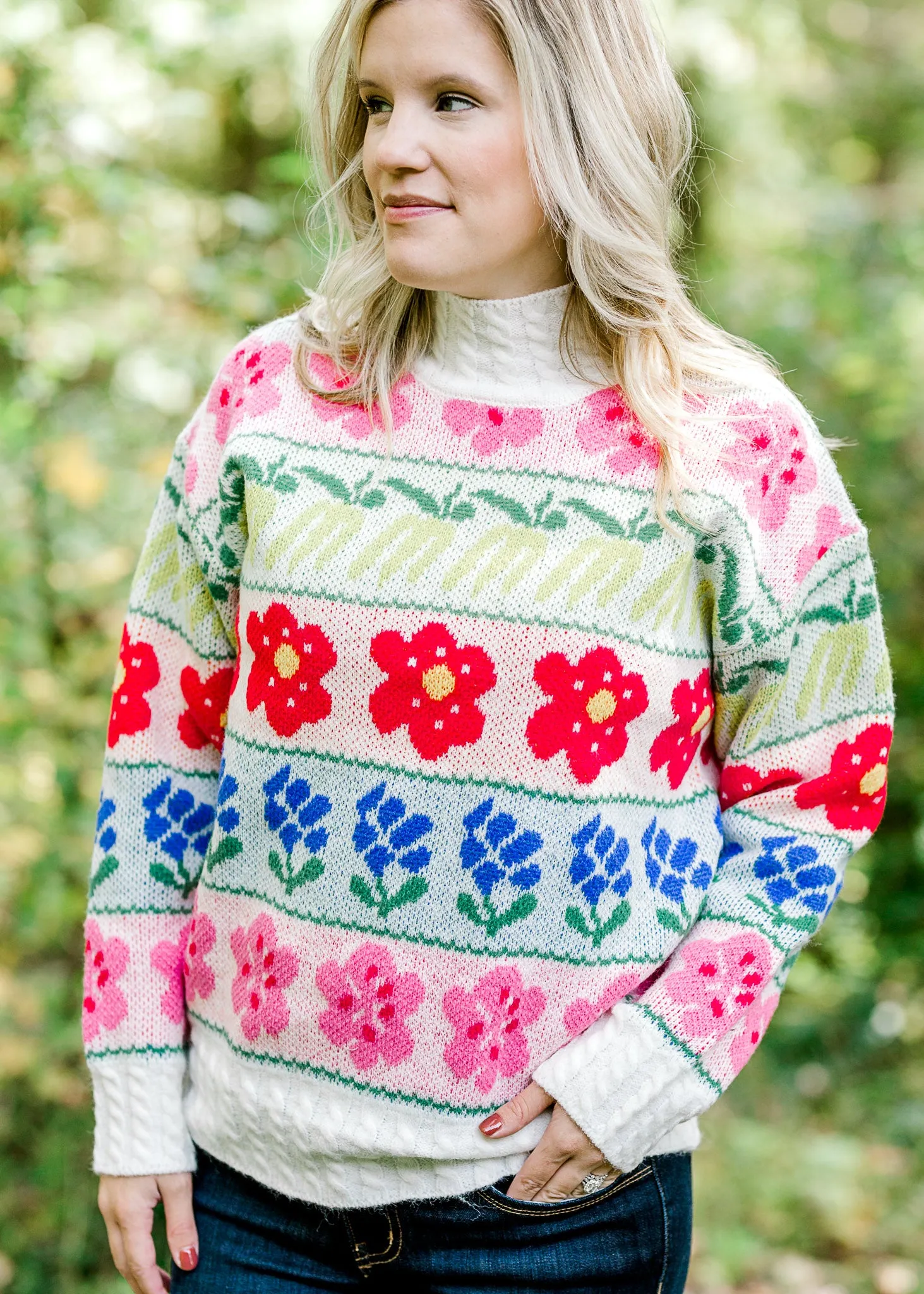 X Bright Flowers Cream Sweater